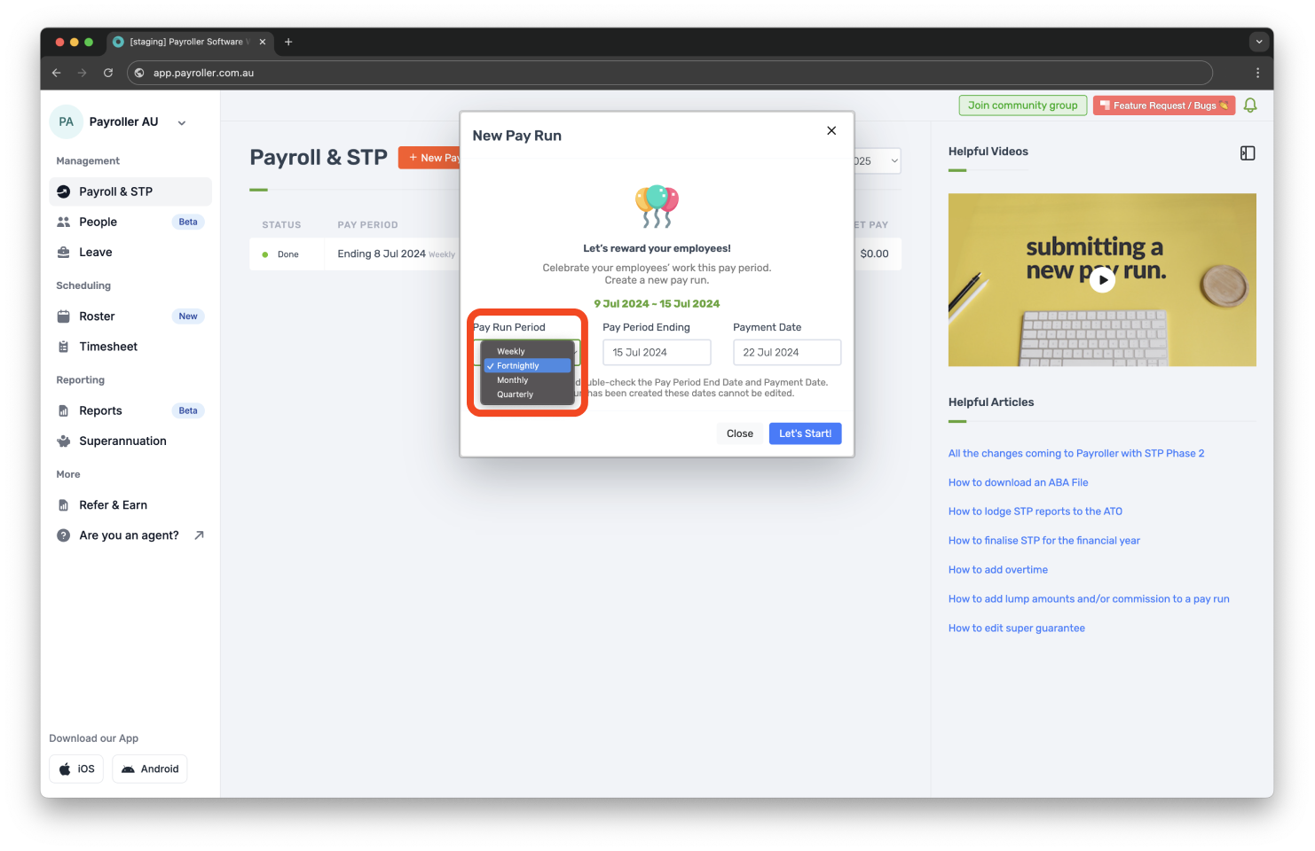 Creating pay runs - Pay period, pay period end date, and payment date - 3
