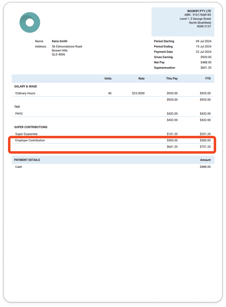 Creating pay runs - Adding employer contribution (superannuation) - 9