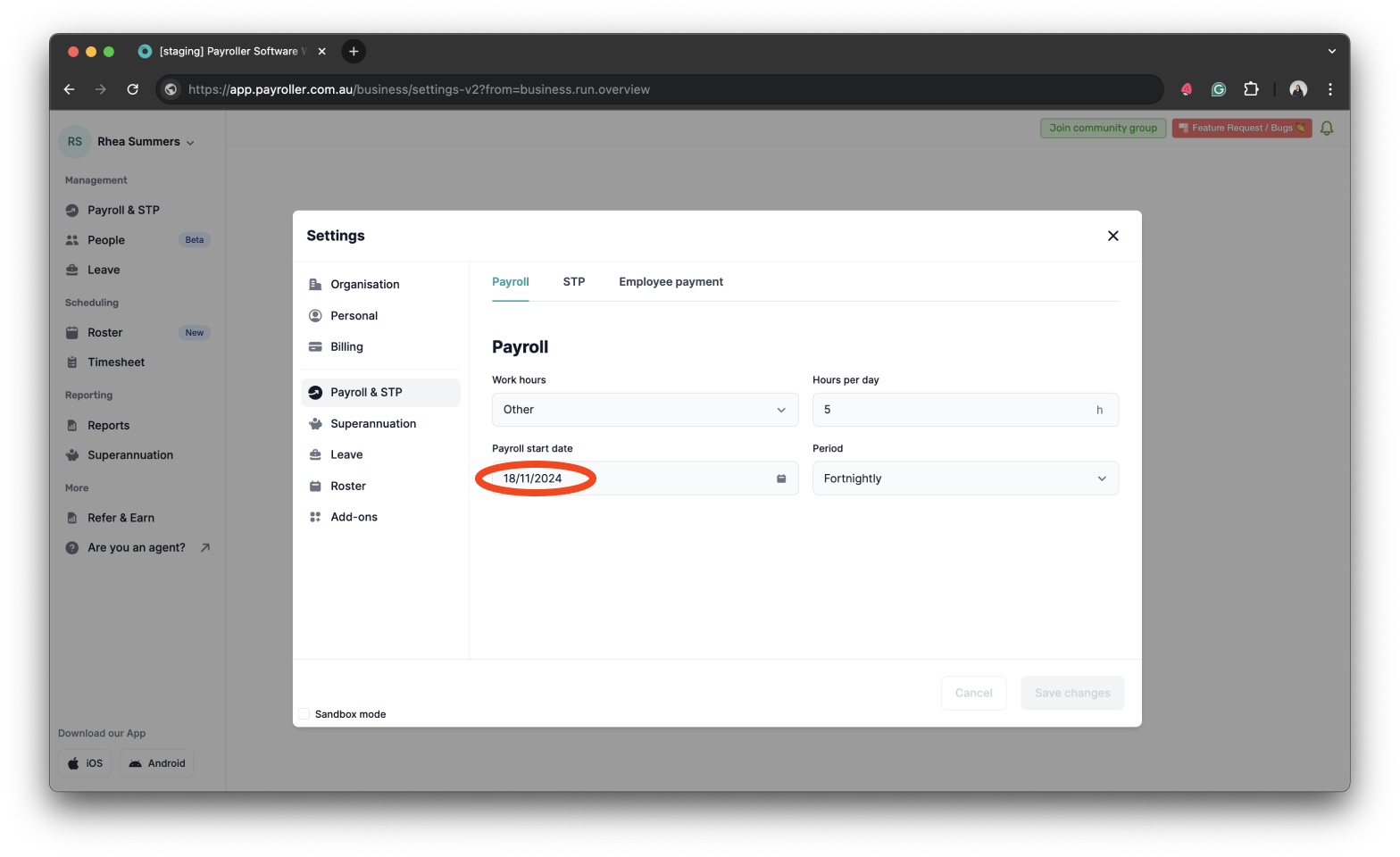 Payroller settings - Set the Payroll Start Date of your first pay run - 13