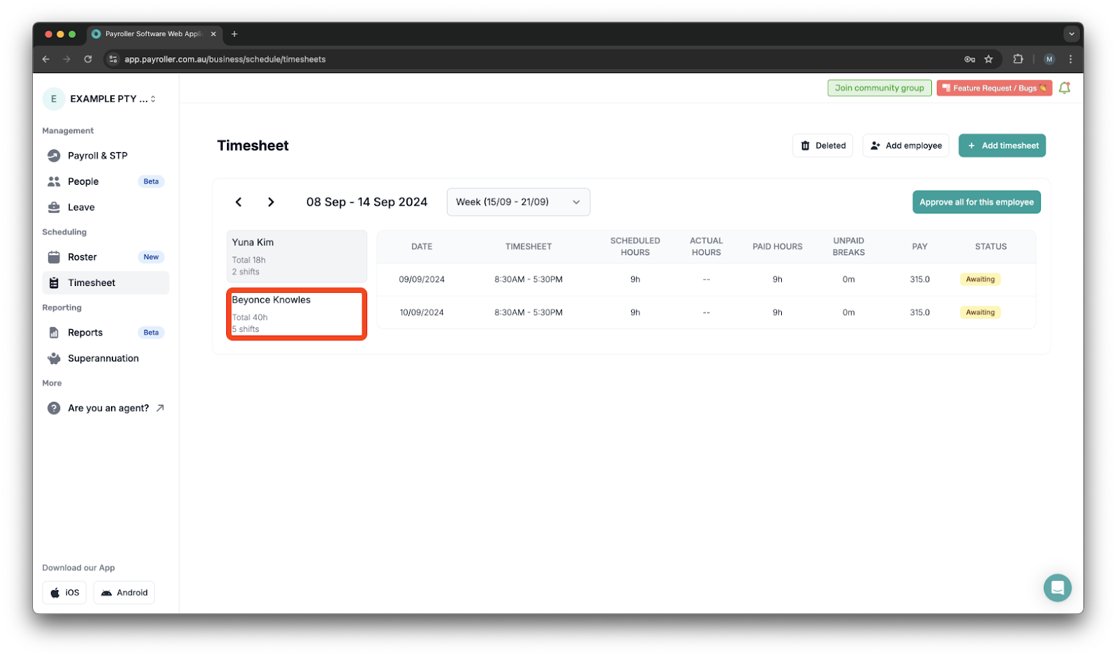 Timesheets and rostering - How to delete/reject a timesheet - 2