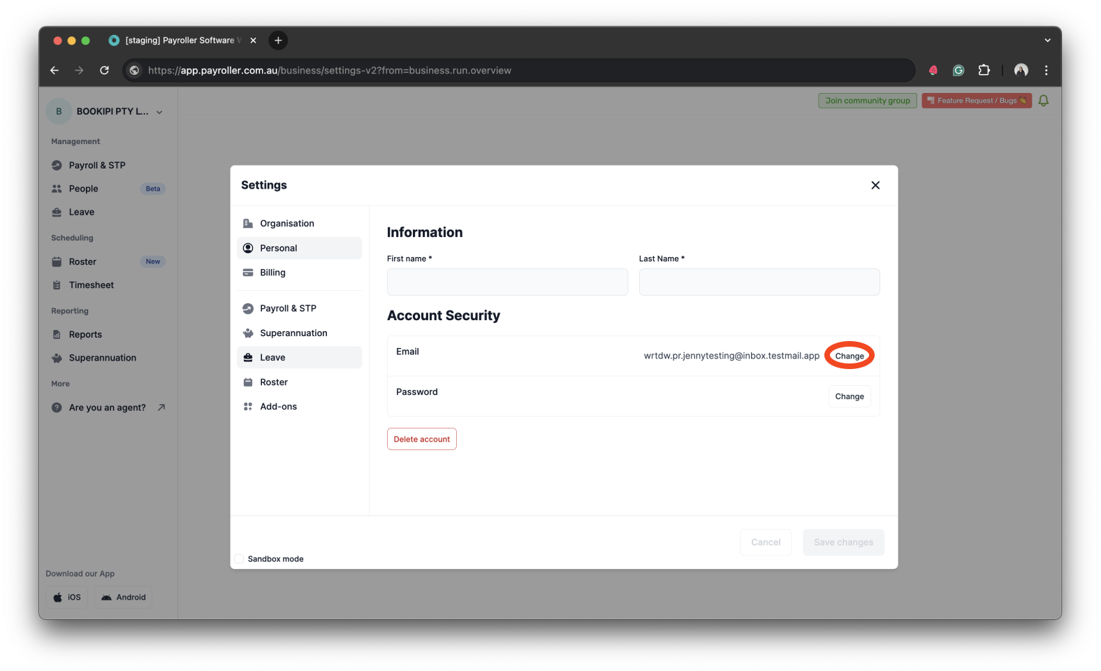 Payroller settings - Change email address - 9