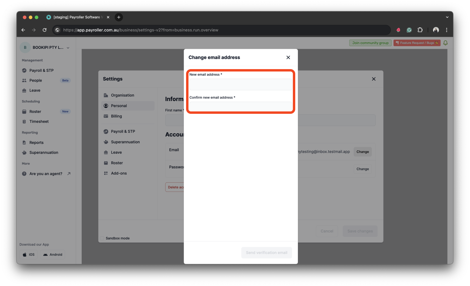 Payroller settings - Change email address - 10