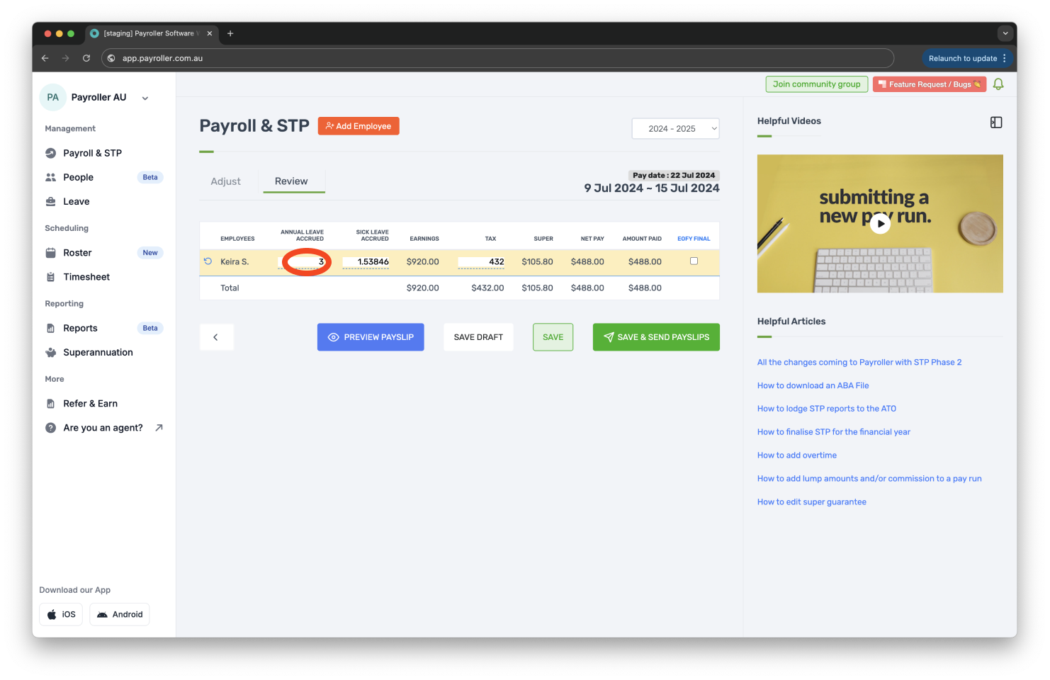 Creating pay runs - Edit leave accrued - 5