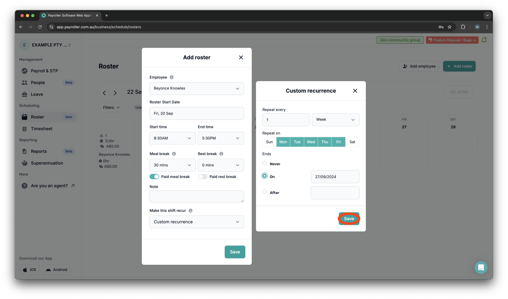 Timesheets and rostering - How to make a custom recurring shift - 13