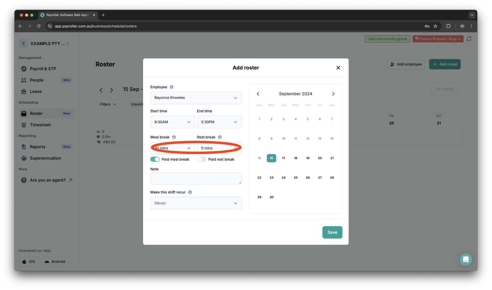 Timesheets and rostering - How to make a custom recurring shift - 5