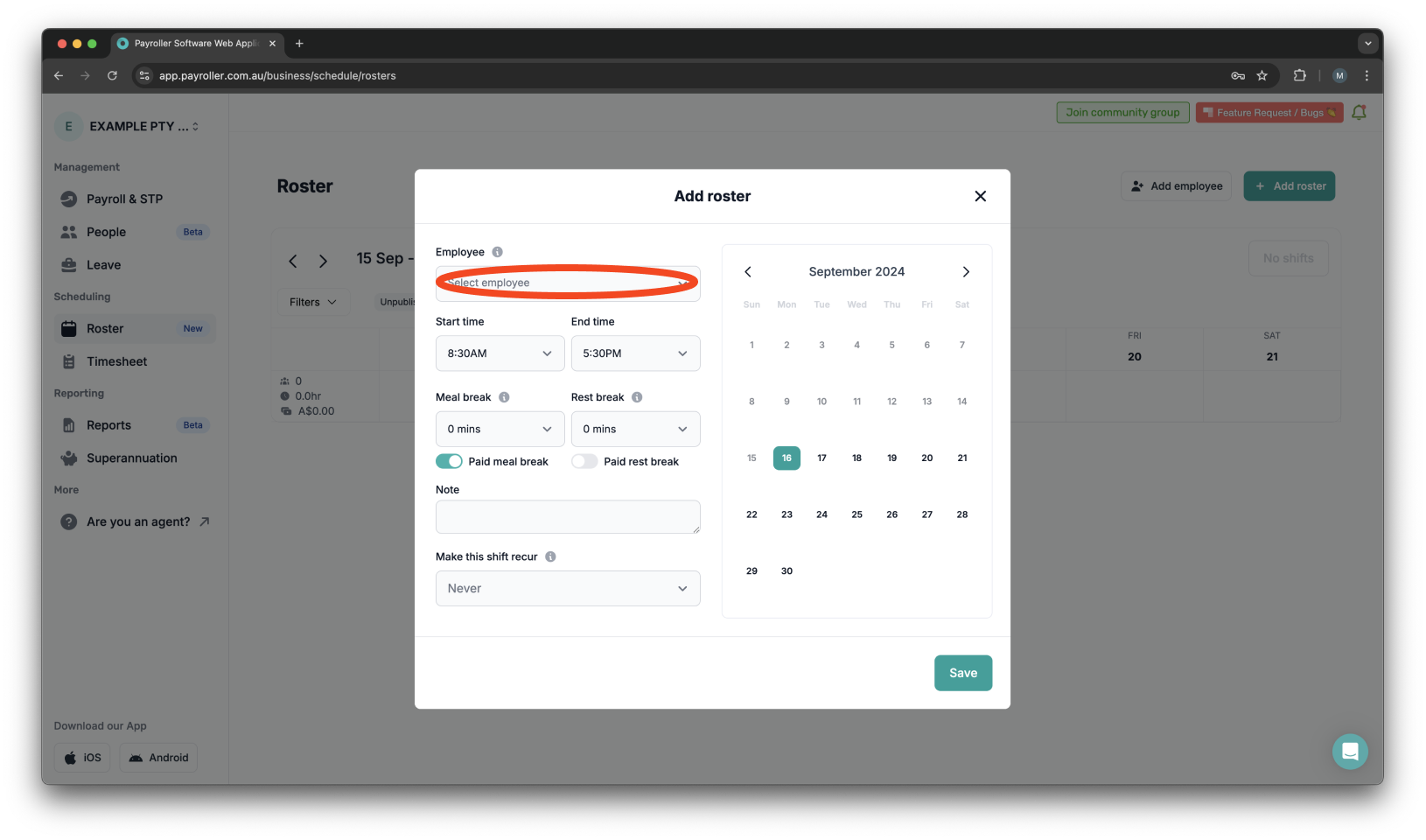 Timesheets and rostering - How to make a custom recurring shift - 3