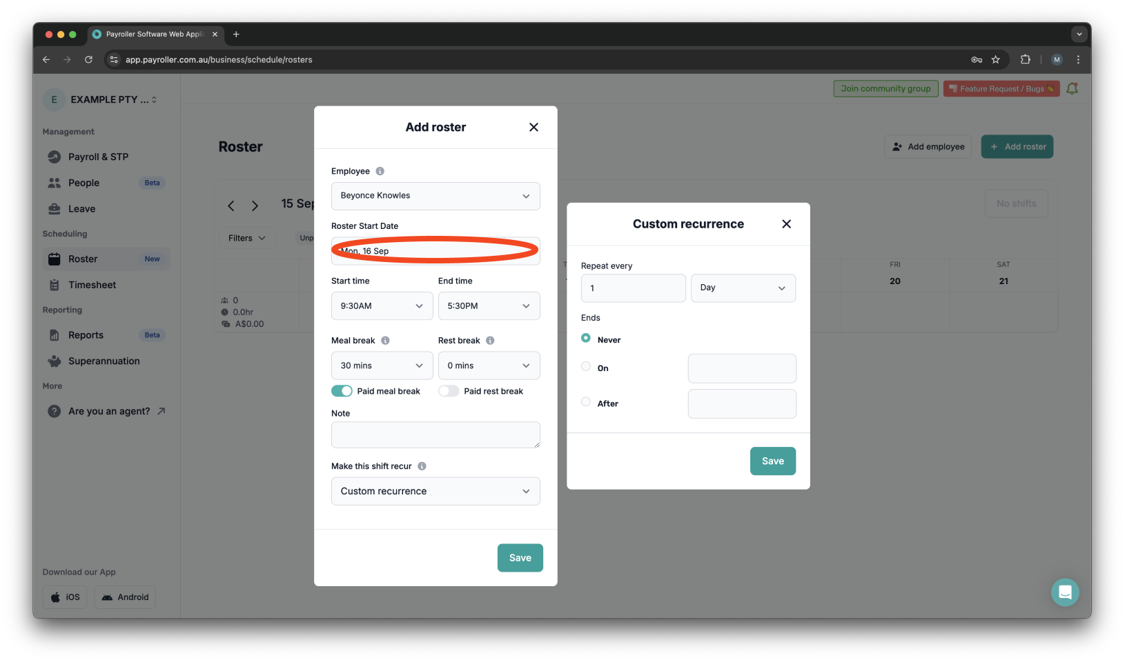 Timesheets and rostering - How to make a custom recurring shift - 8