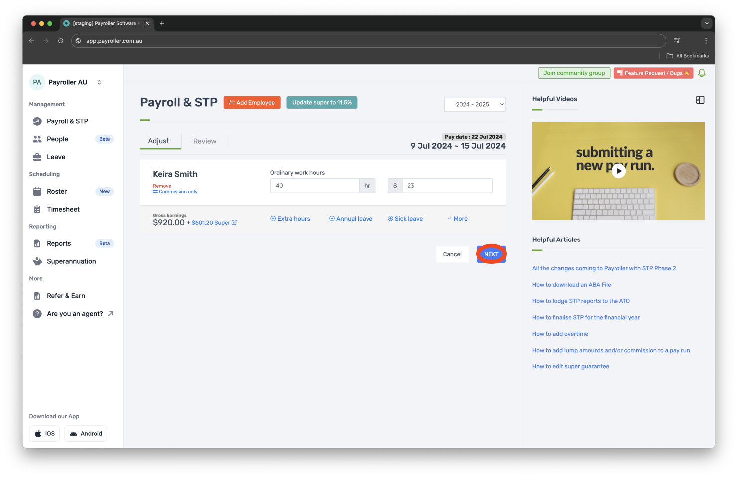 Creating pay runs - Adding employer contribution (superannuation) - 6