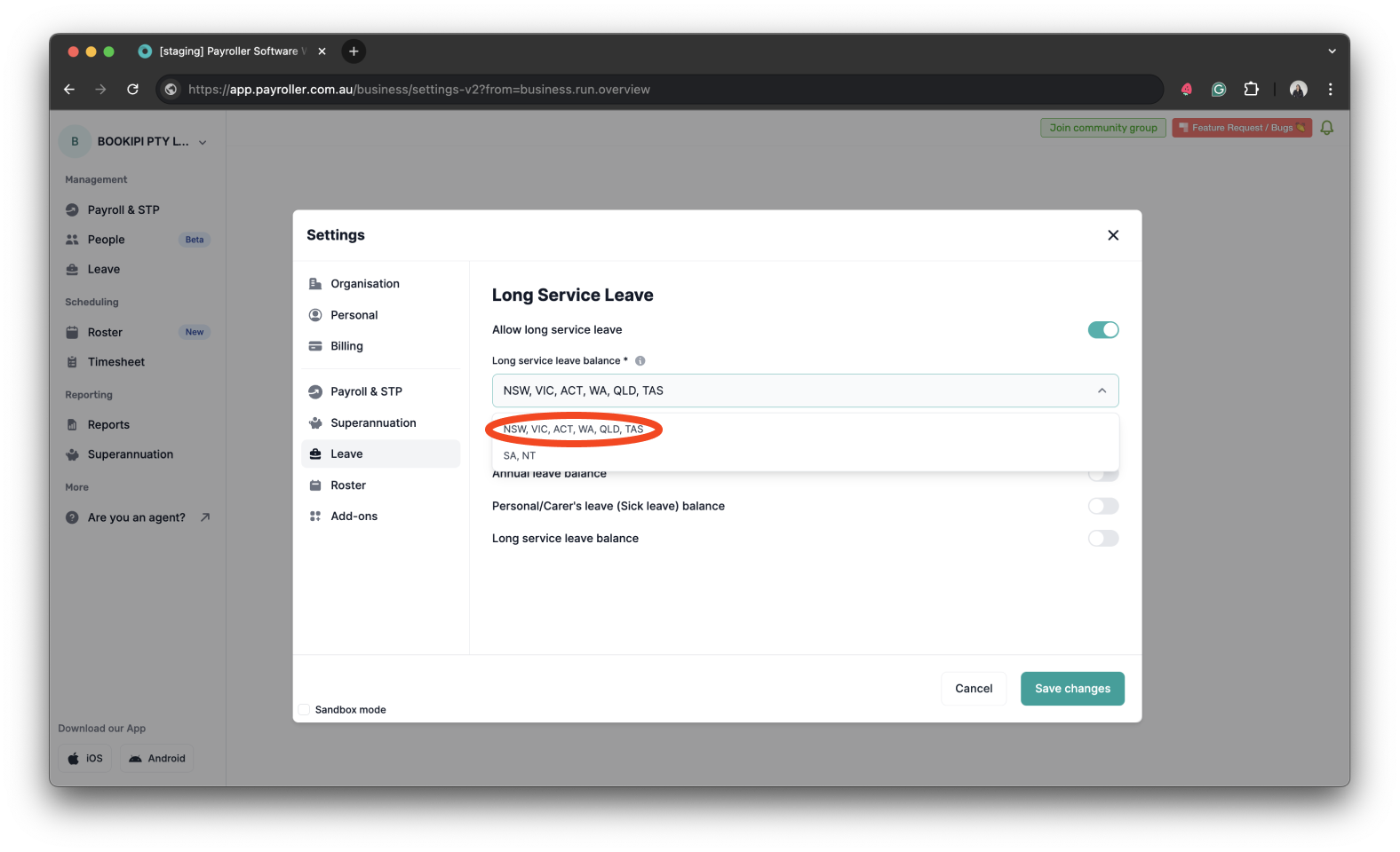 Payroller settings - Allow Long service leave - 12