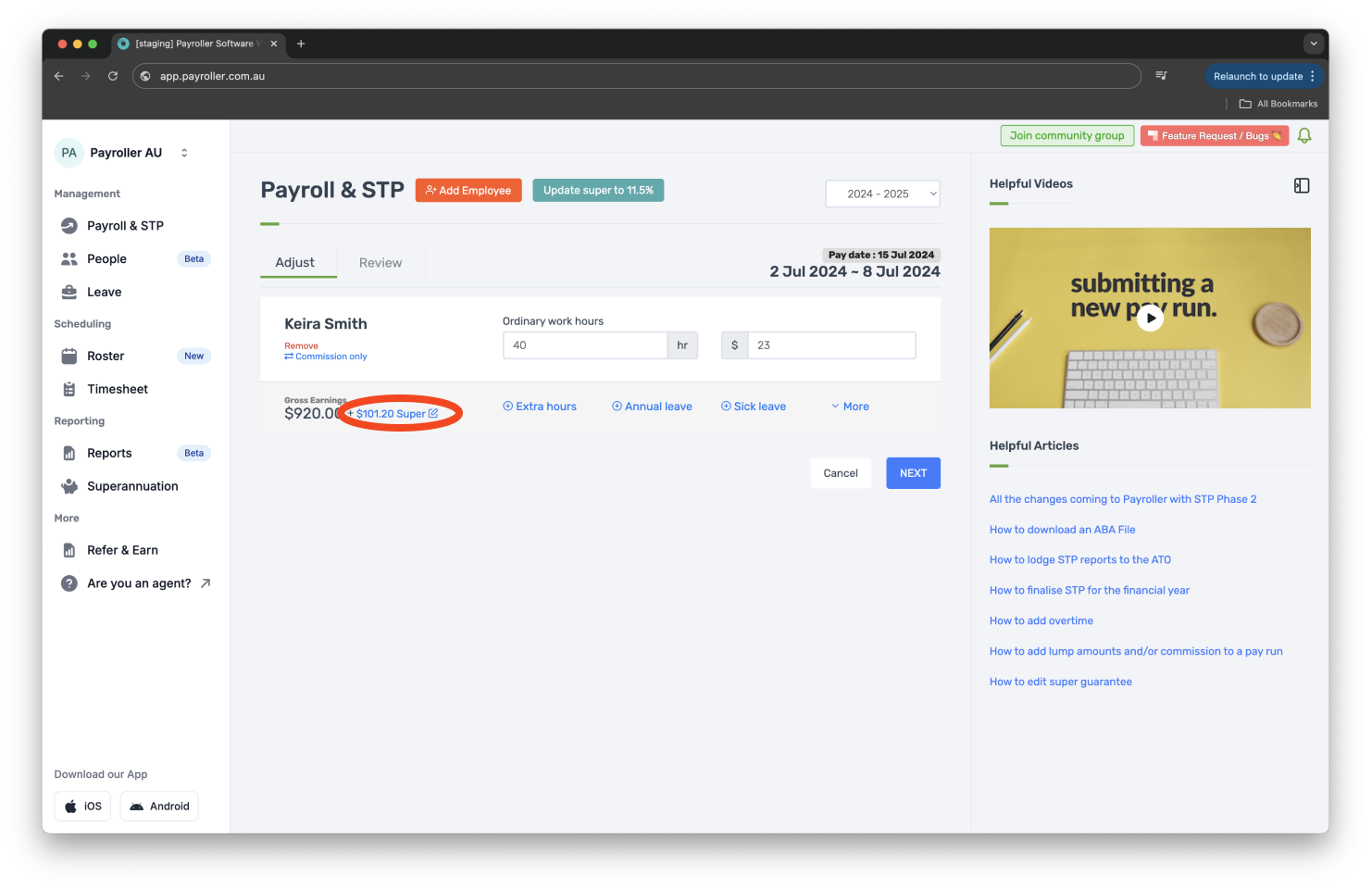 Creating pay runs - Viewing and Adjusting Superannuation - 3