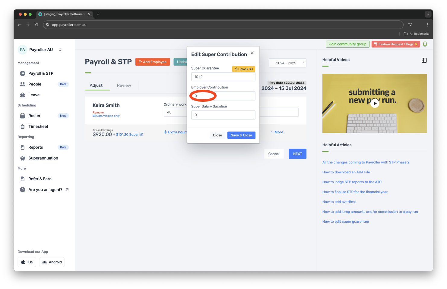 Creating pay runs - Adding employer contribution (superannuation) - 4
