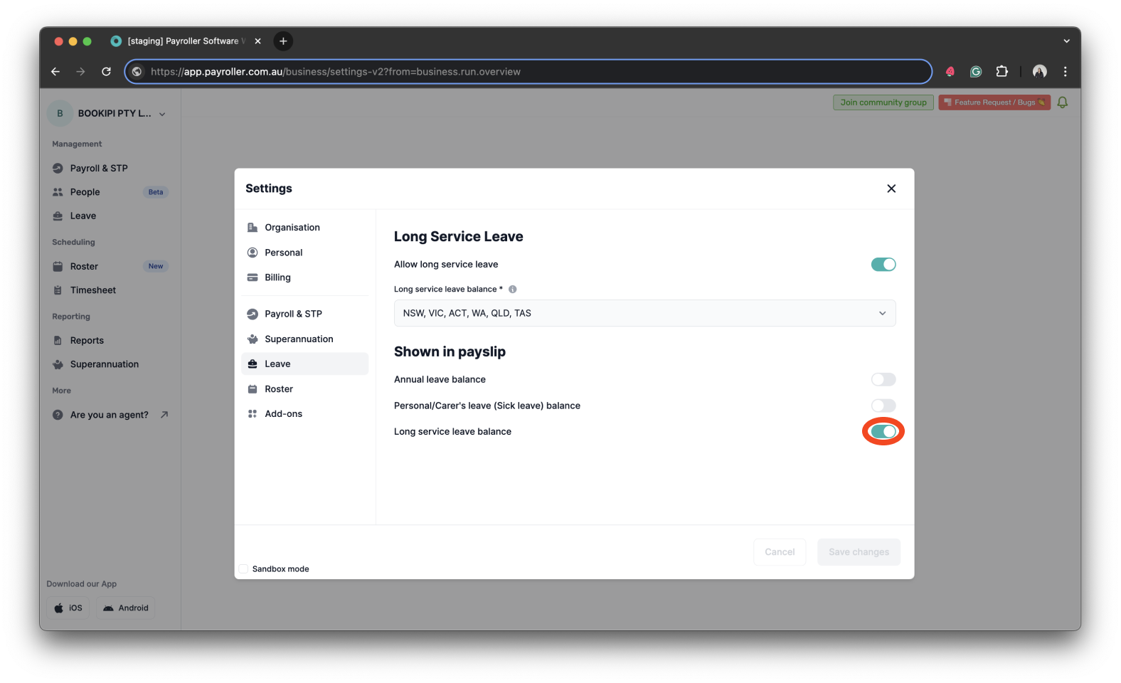 Payroller settings - Allow Long service leave - 13