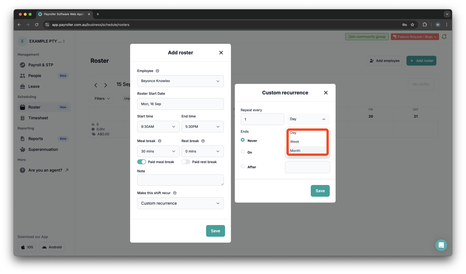 Timesheets and rostering - How to make a custom recurring shift - 9