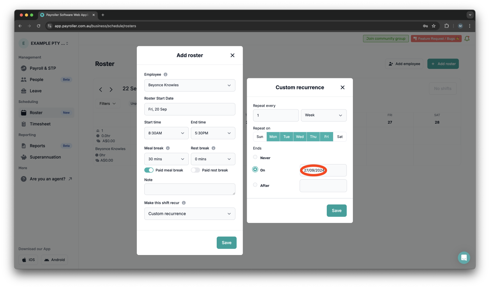 Timesheets and rostering - How to make a custom recurring shift - 12