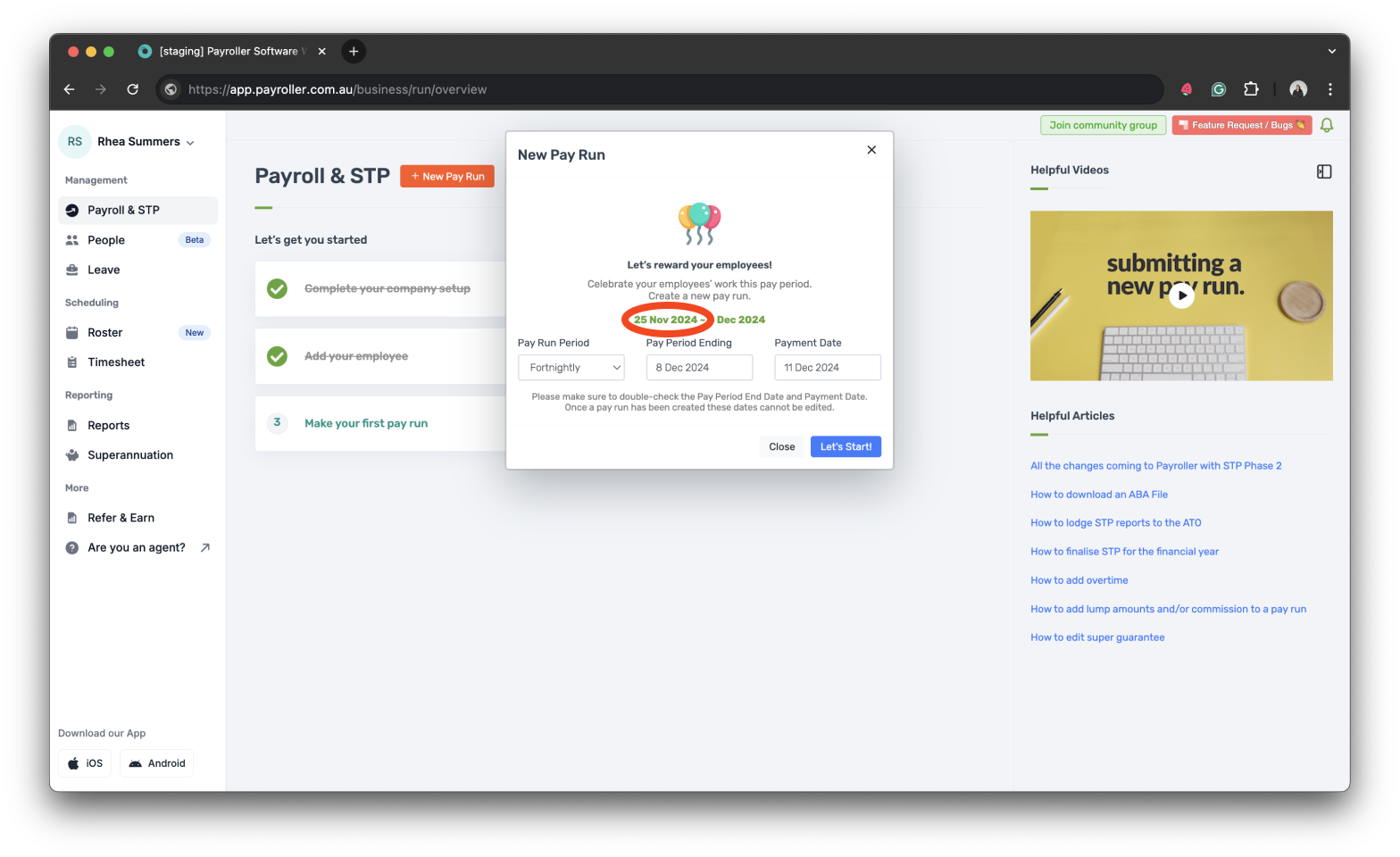 Payroller settings - Set the Payroll Start Date of your first pay run - 16