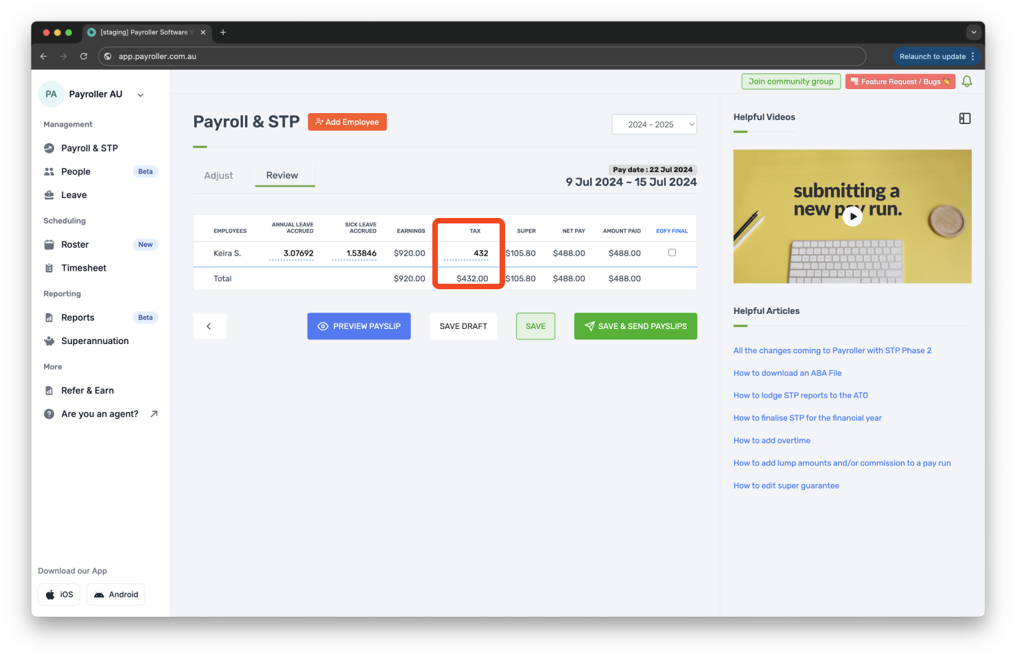 Creating pay runs - Edit tax in review on the pay run - 4