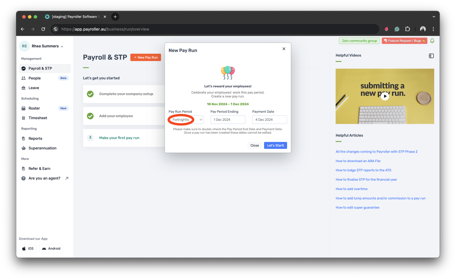 Payroller settings - Set the Pay run period of your pay runs - 9