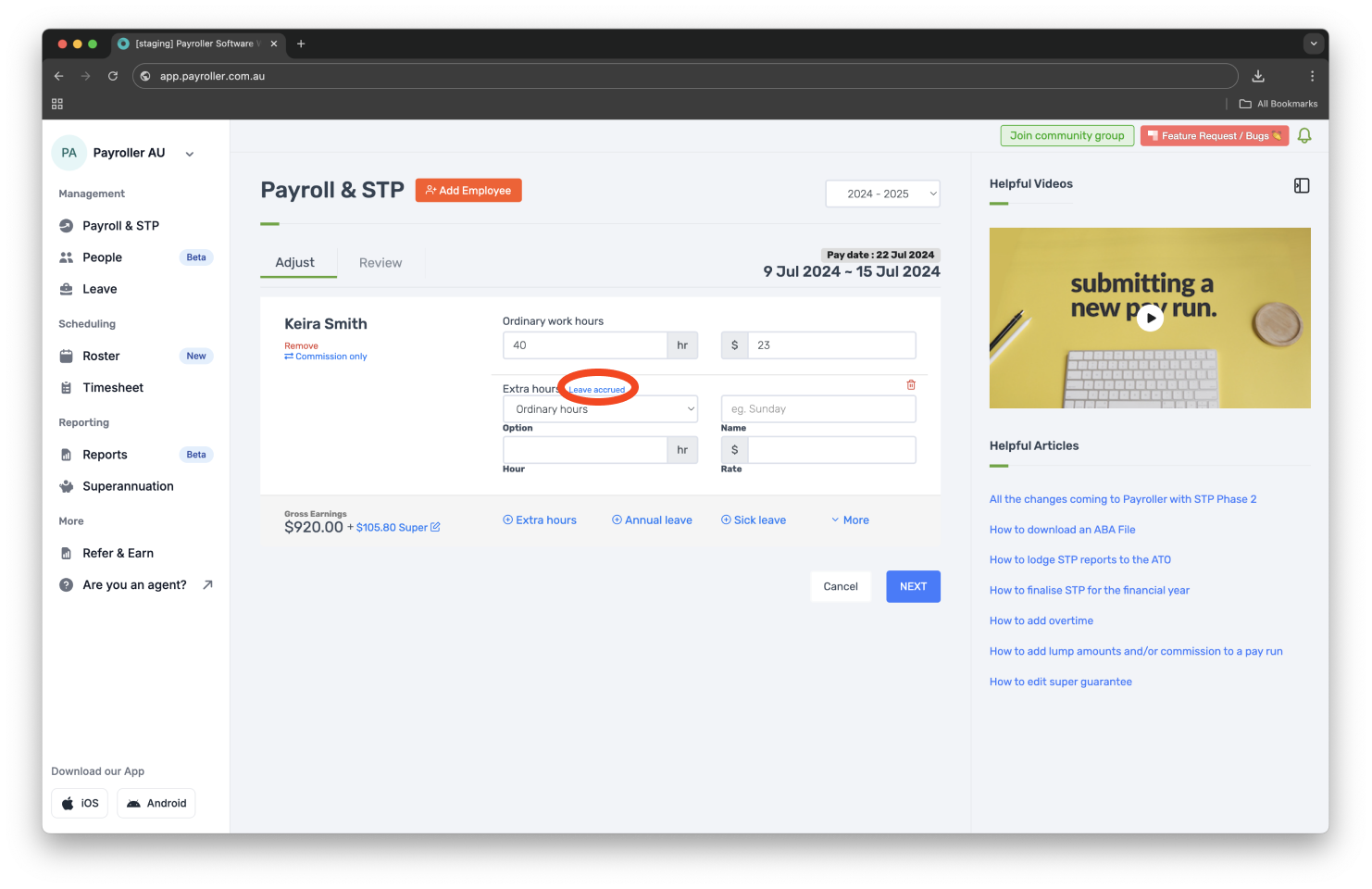 Creating pay runs - Adding extra hours - 5