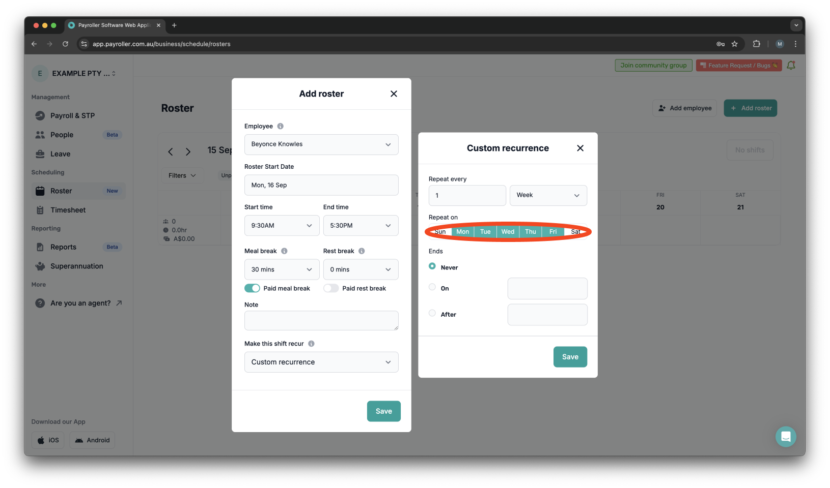 Timesheets and rostering - How to make a custom recurring shift - 10