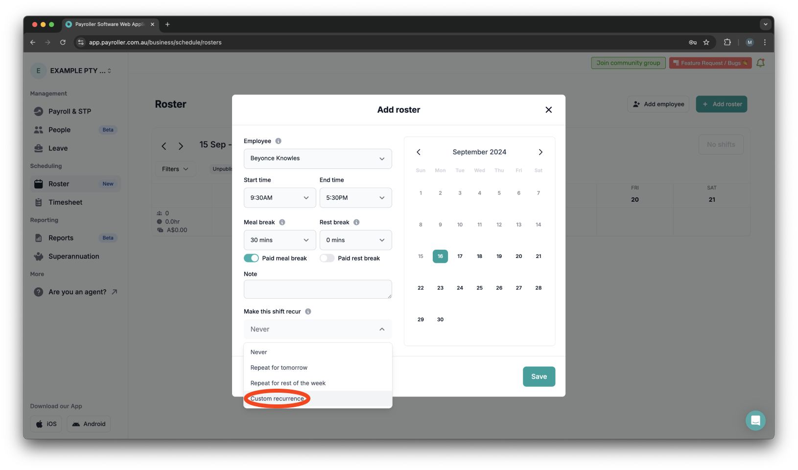 Timesheets and rostering - How to make a custom recurring shift - 7