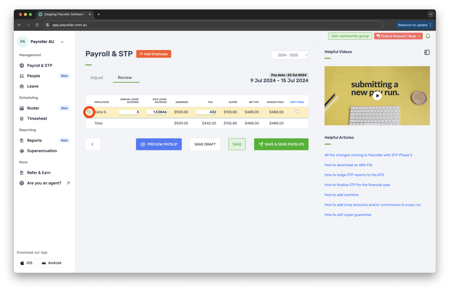 Creating pay runs - Edit leave accrued - 6