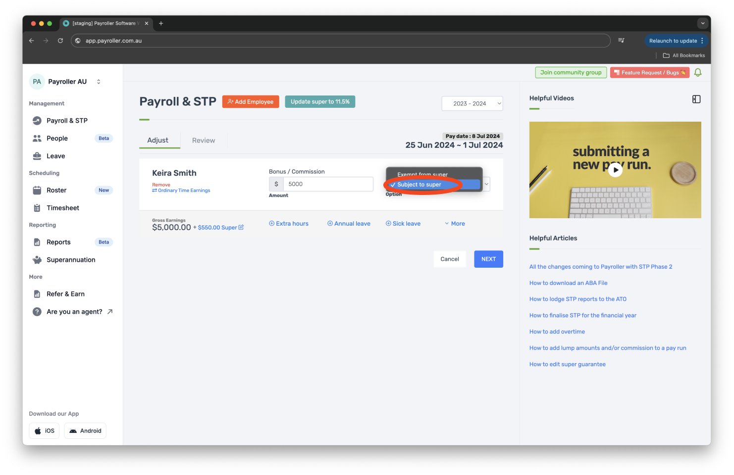 Creating pay runs - Adding a bonus/commission - 6