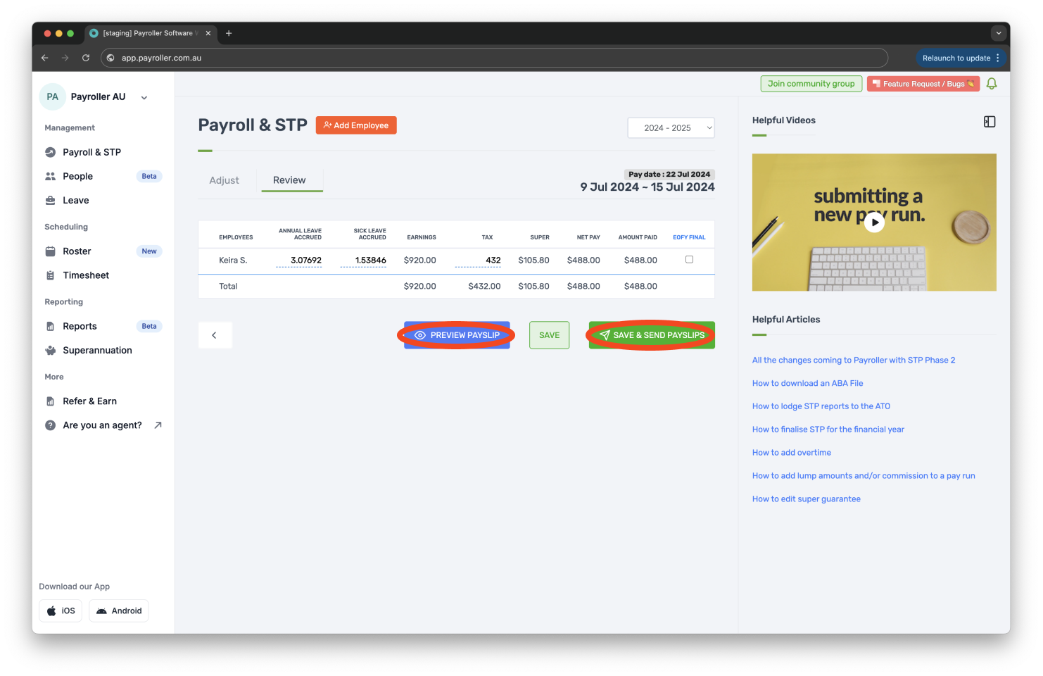 Creating pay runs - Send/view/print payslips - 1