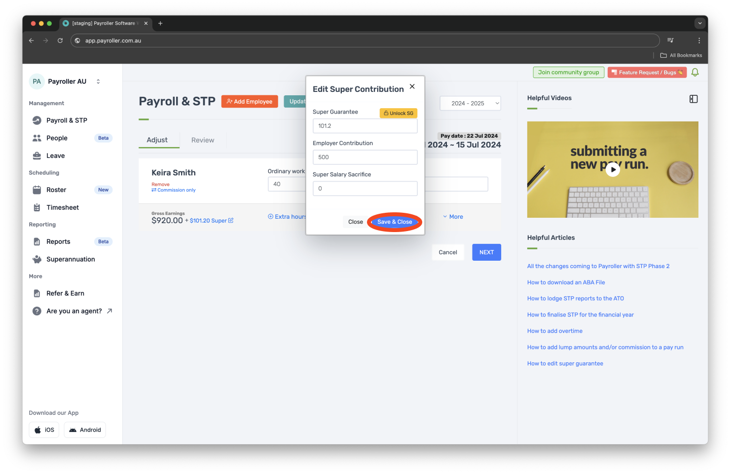 Creating pay runs - Adding employer contribution (superannuation) - 5