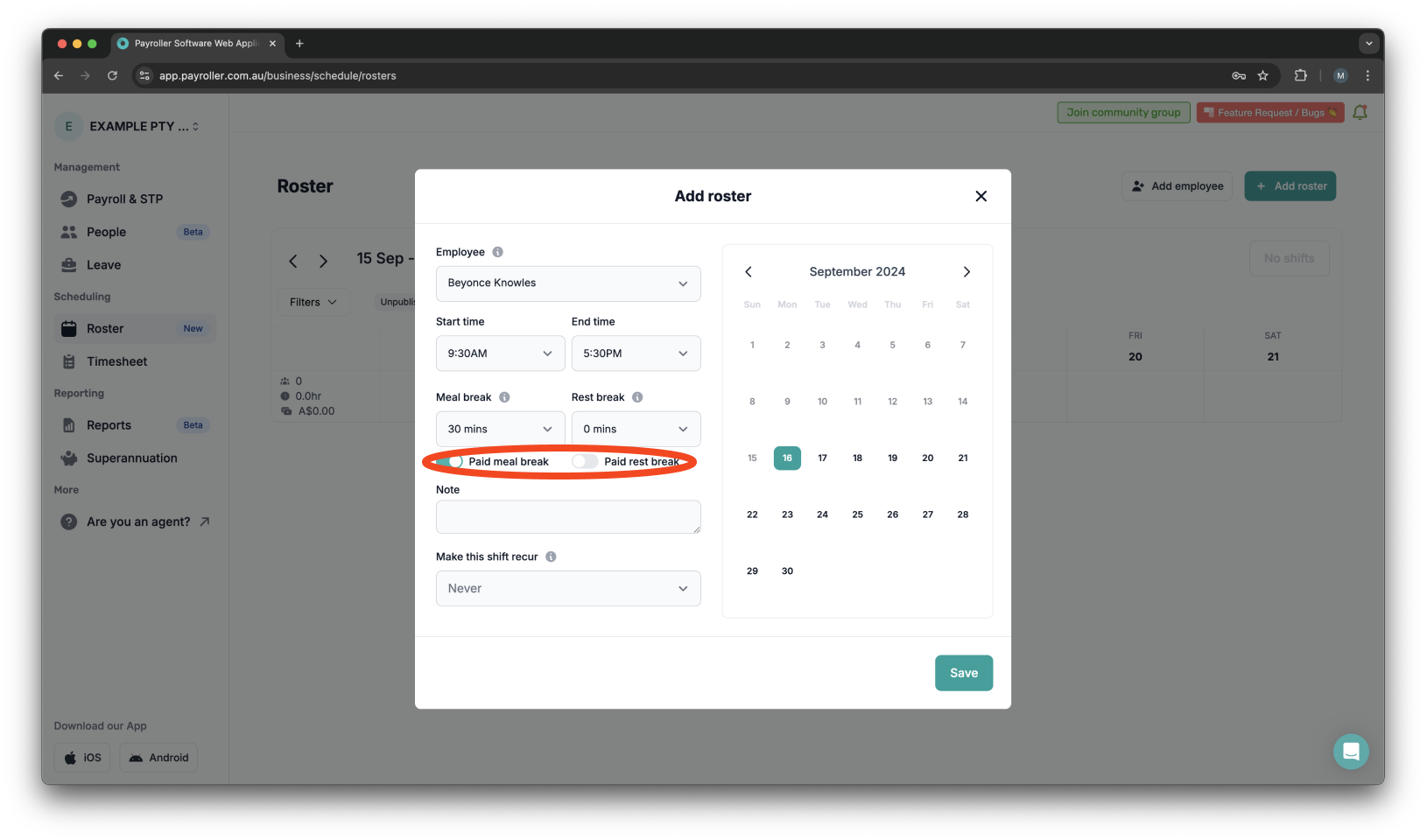 Timesheets and rostering - How to make a custom recurring shift - 6