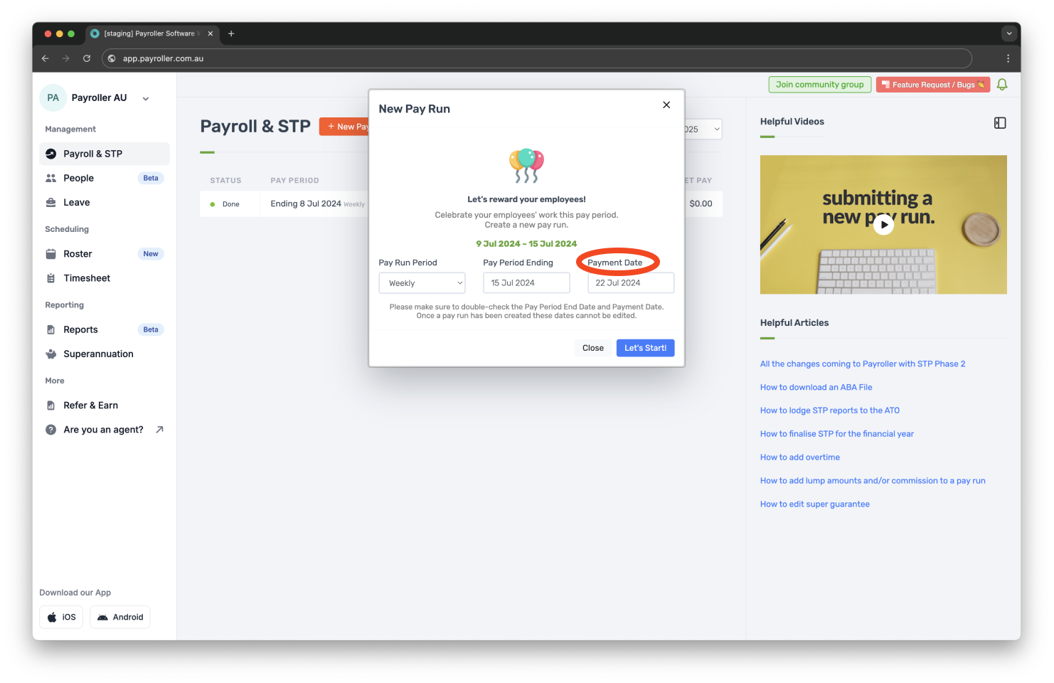 Creating pay runs - Pay period, pay period end date, and payment date - 8