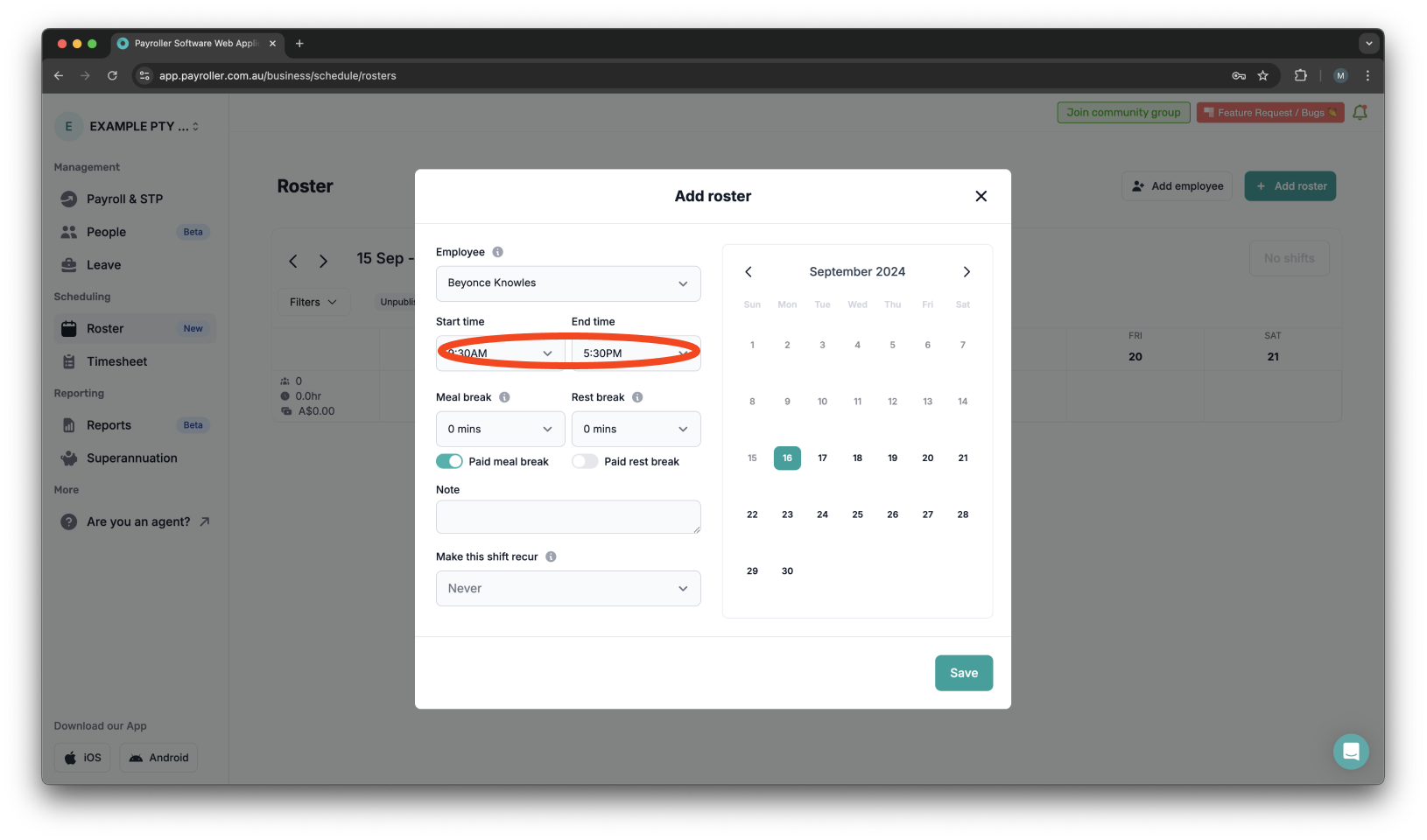 Timesheets and rostering - How to make a custom recurring shift - 4