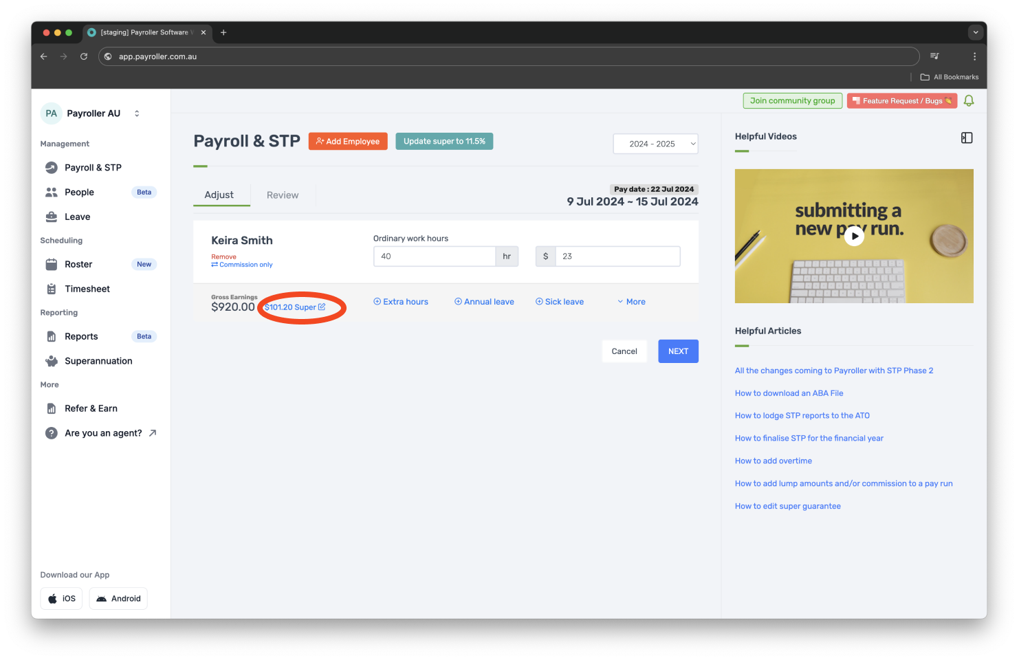 Creating pay runs - Adding employer contribution (superannuation) - 3