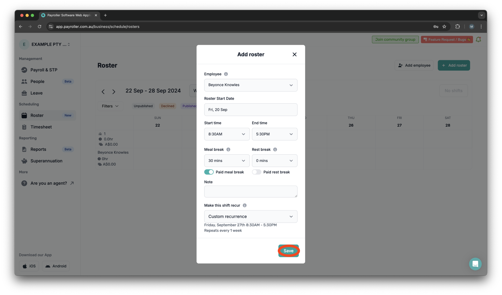 Timesheets and rostering - How to make a custom recurring shift - 14
