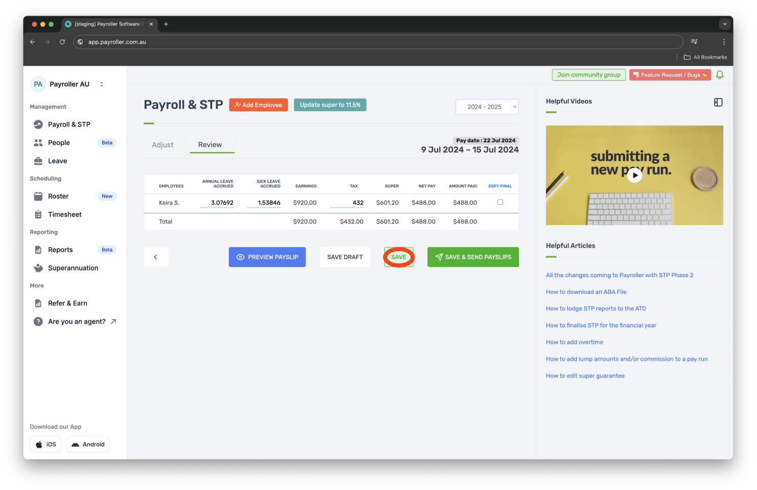 Creating pay runs - Adding employer contribution (superannuation) - 7