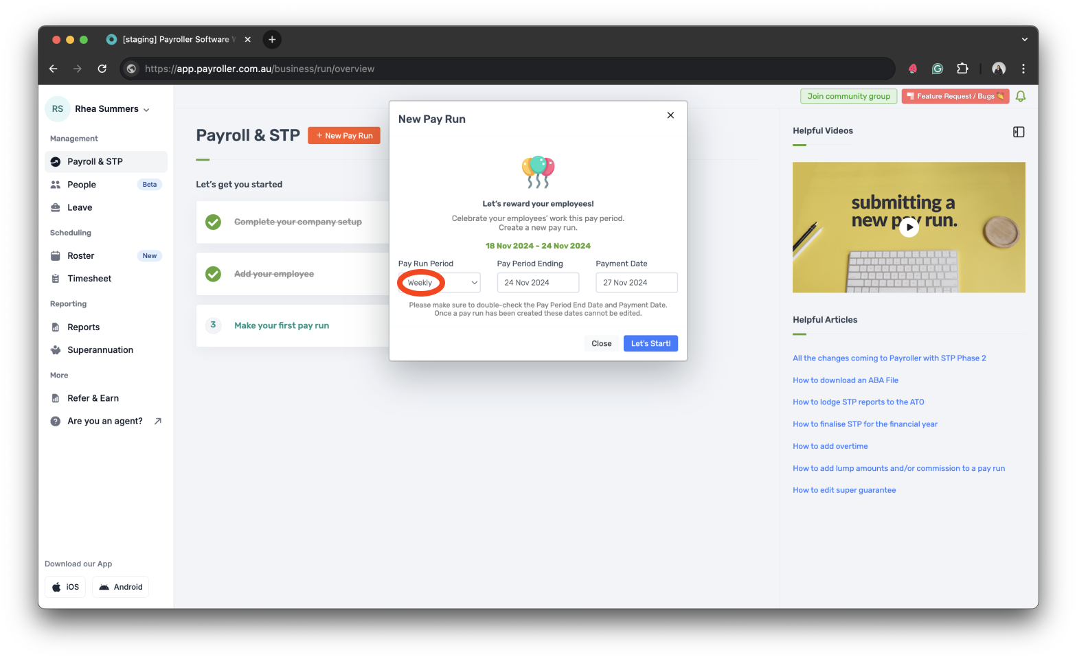 Payroller settings - Set the Pay run period of your pay runs - 16