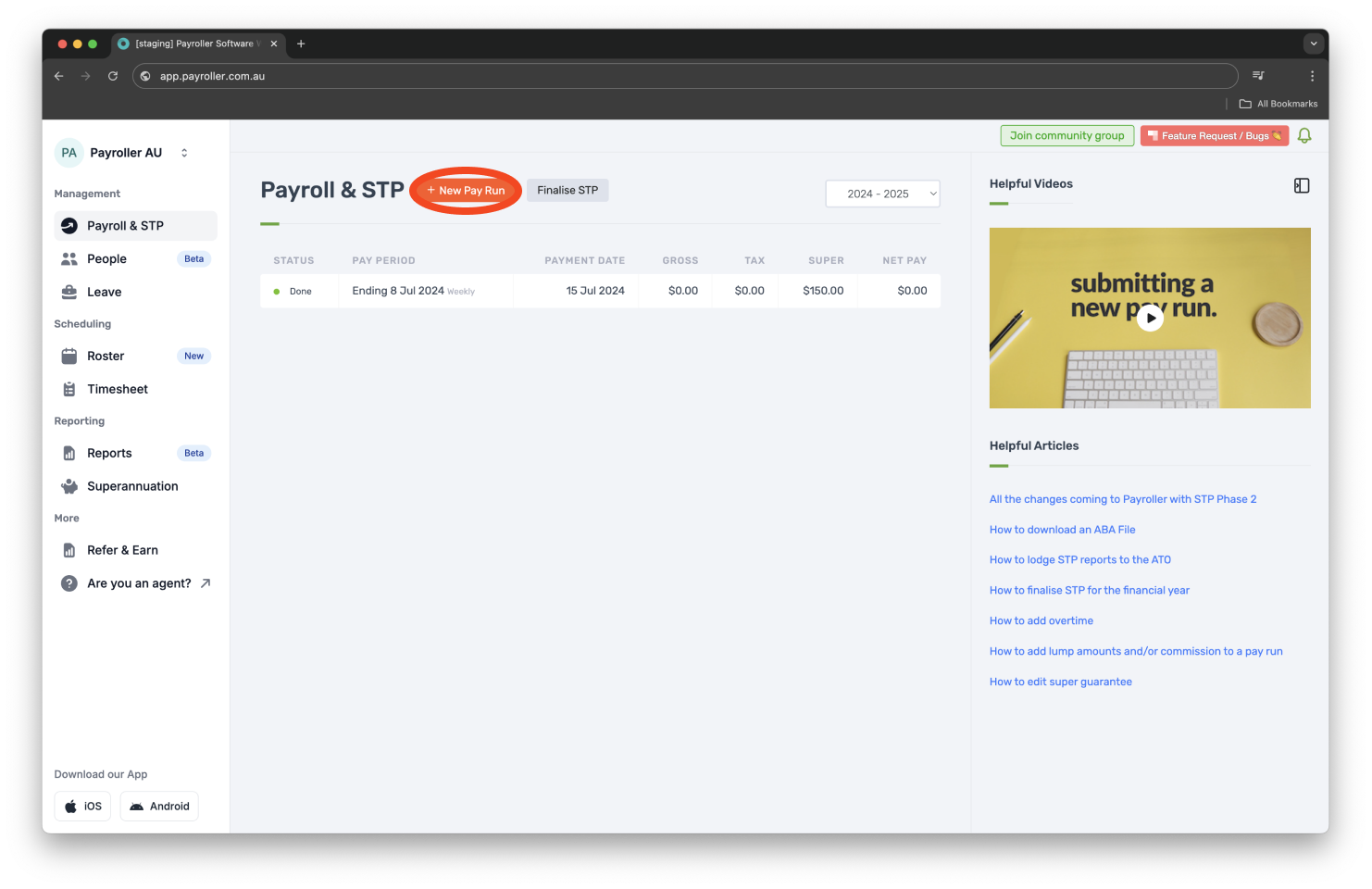 Creating pay runs - Adding employer contribution (superannuation) - 1