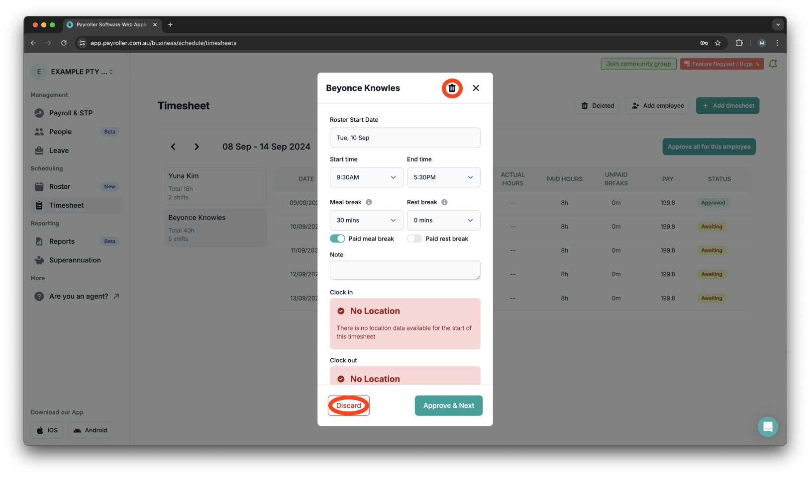 Timesheets and rostering - How to delete/reject a timesheet - 4