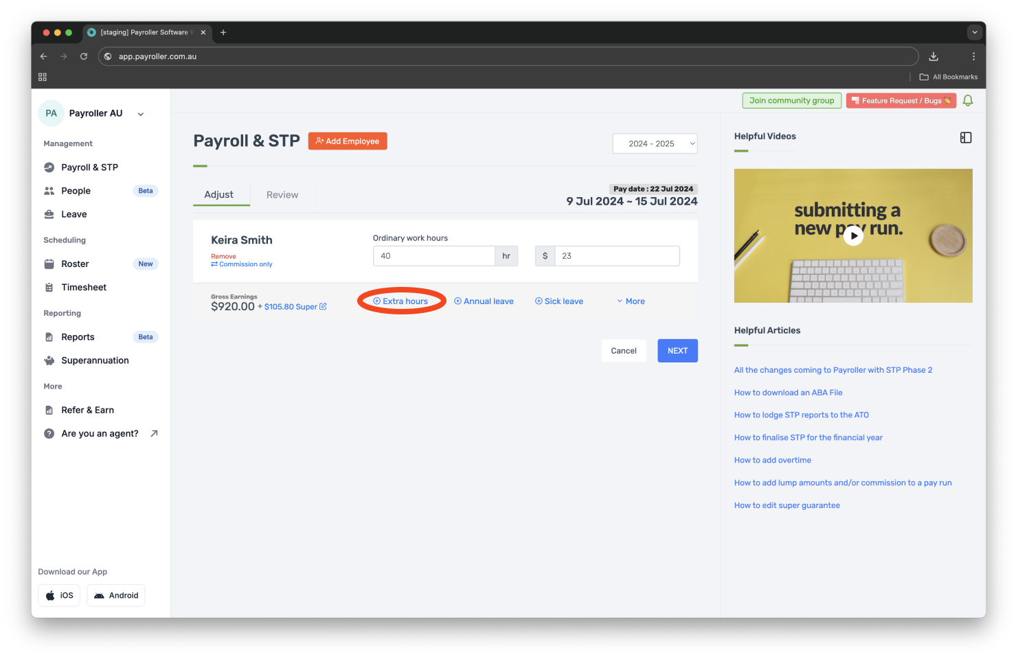 Creating pay runs - Adding extra hours - 3