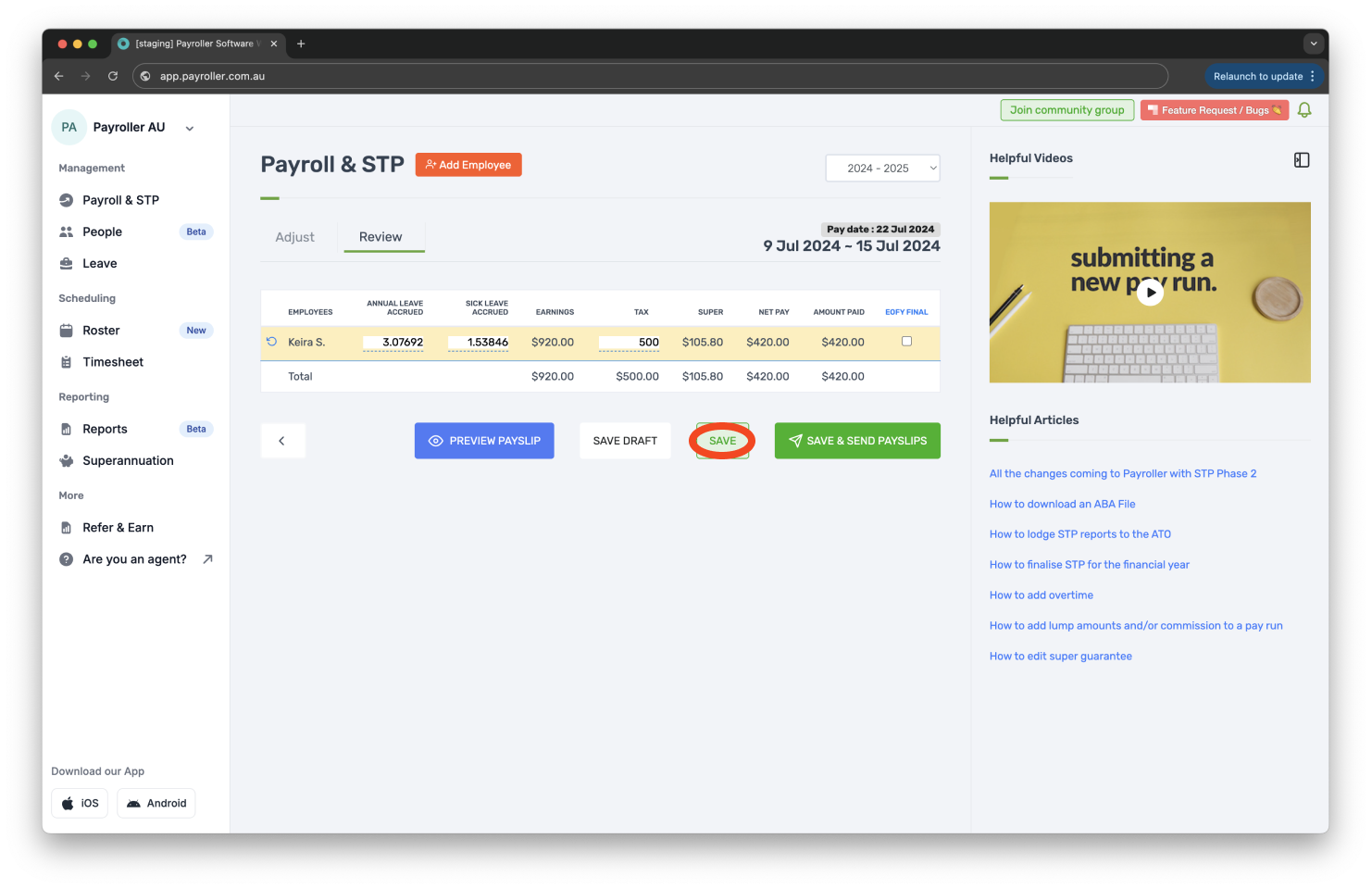 Creating pay runs - Edit tax in review on the pay run - 6