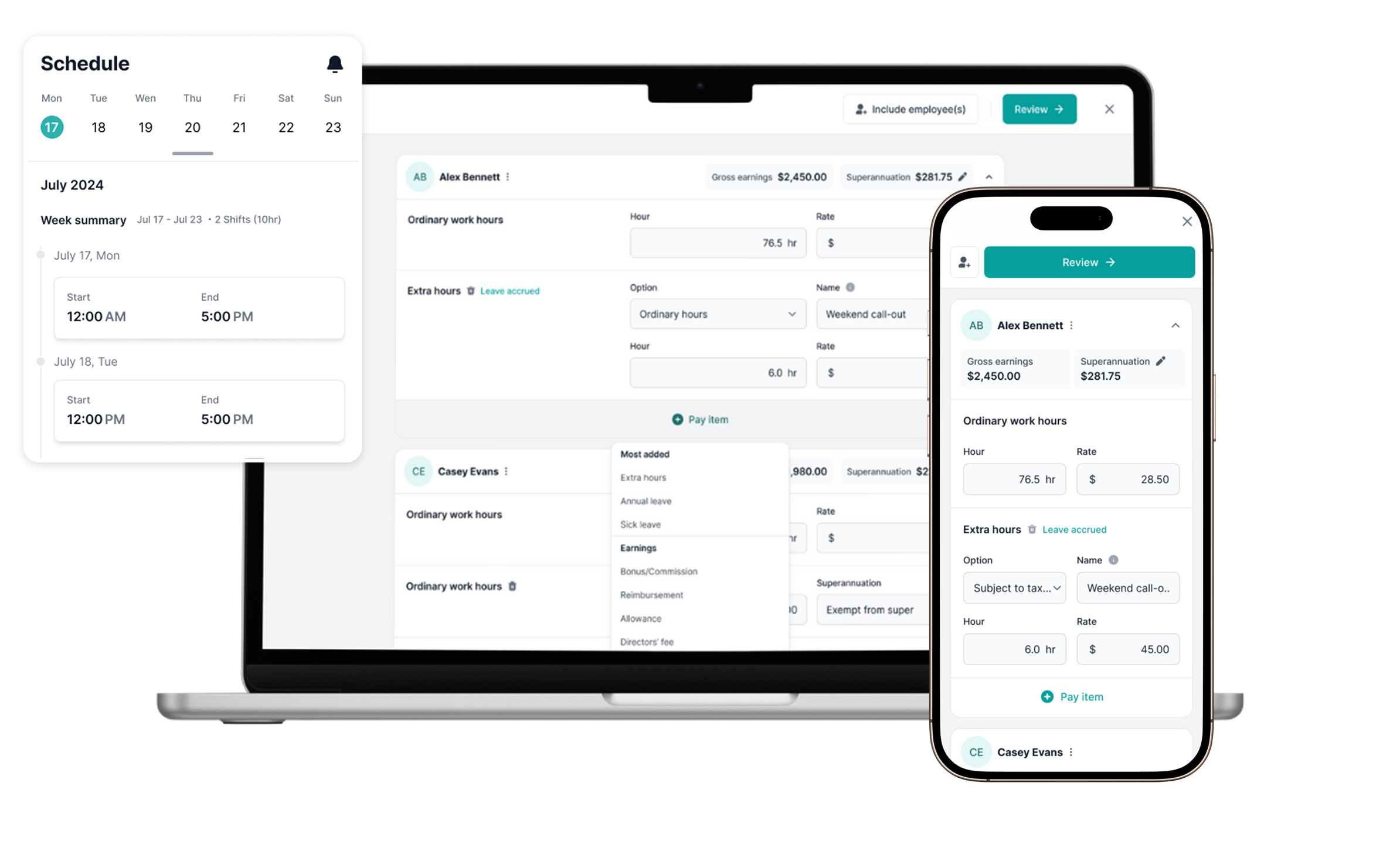 Payroll dashboard shows schedule and payroll on laptop and phone; Schedule; Alex Bennett Gross earnings $2,450.00 Superannuation $281.75