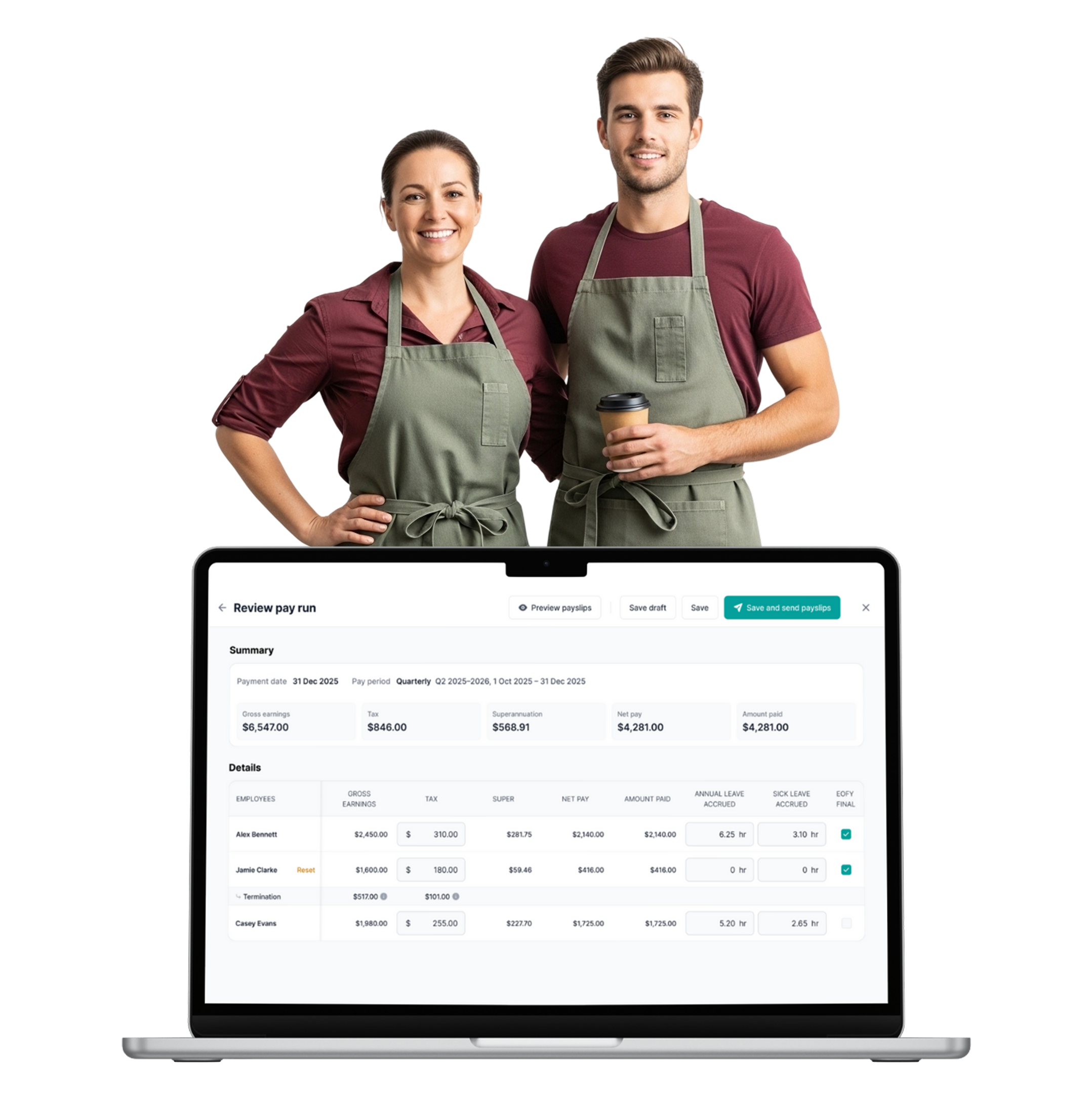 Two baristas in green aprons standing behind laptop displaying payroll screen "Review pay run"