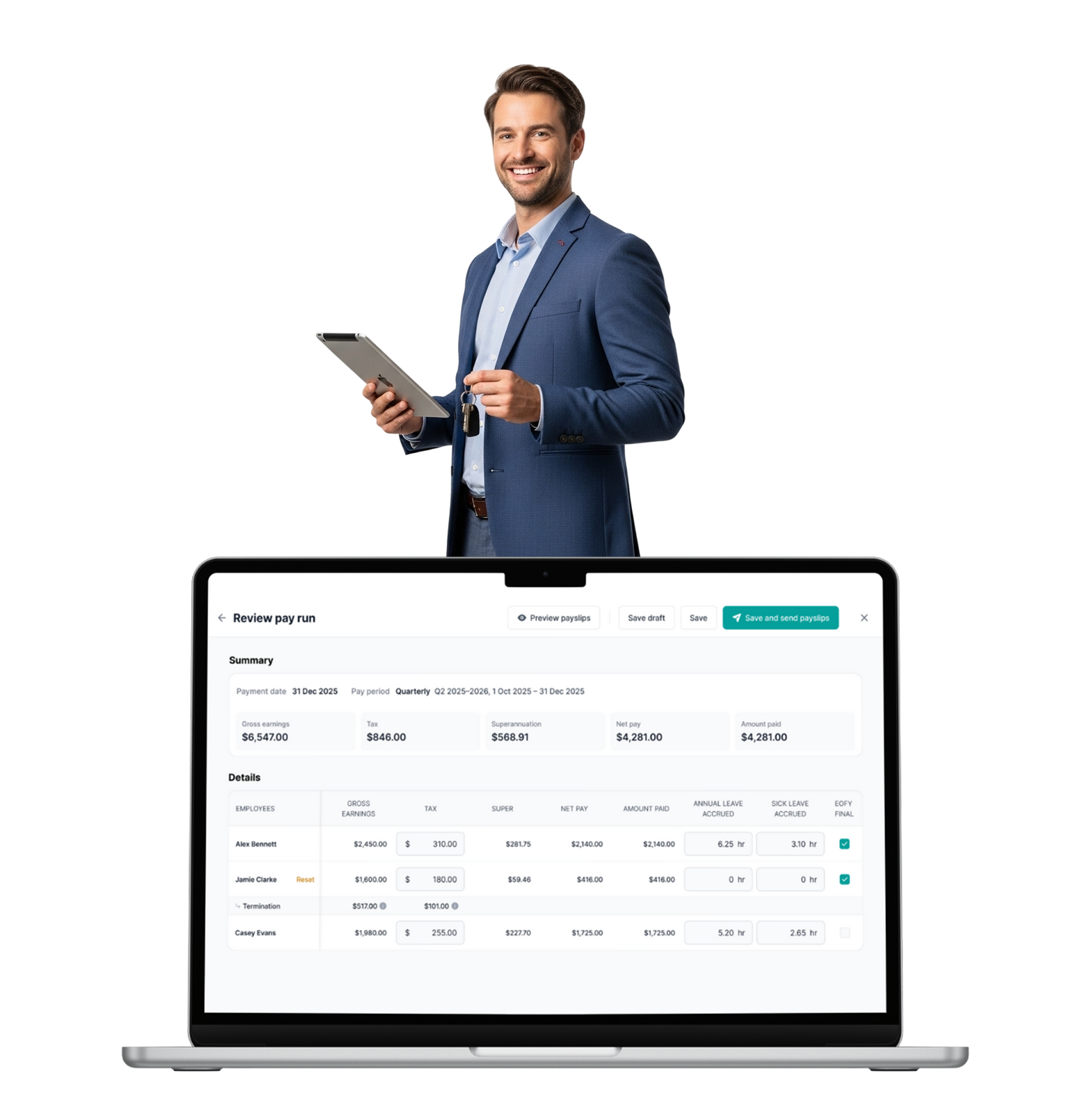 Man in blue suit holding tablet and keys, reviewing payroll on laptop screen showing 'Review pay run'