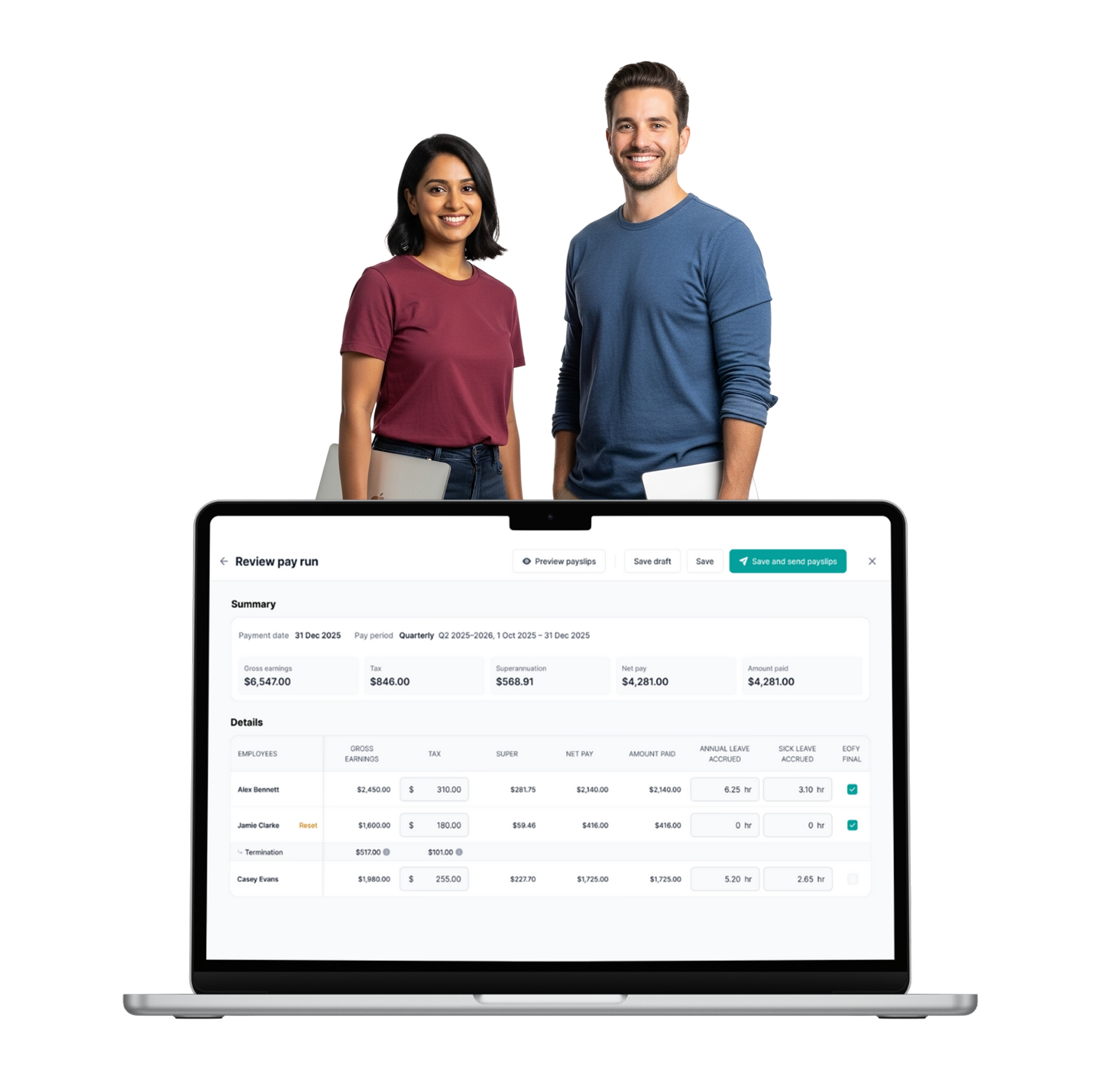 Man and woman standing behind laptop displaying Review pay run payroll summary dashboard with payslips and pay details