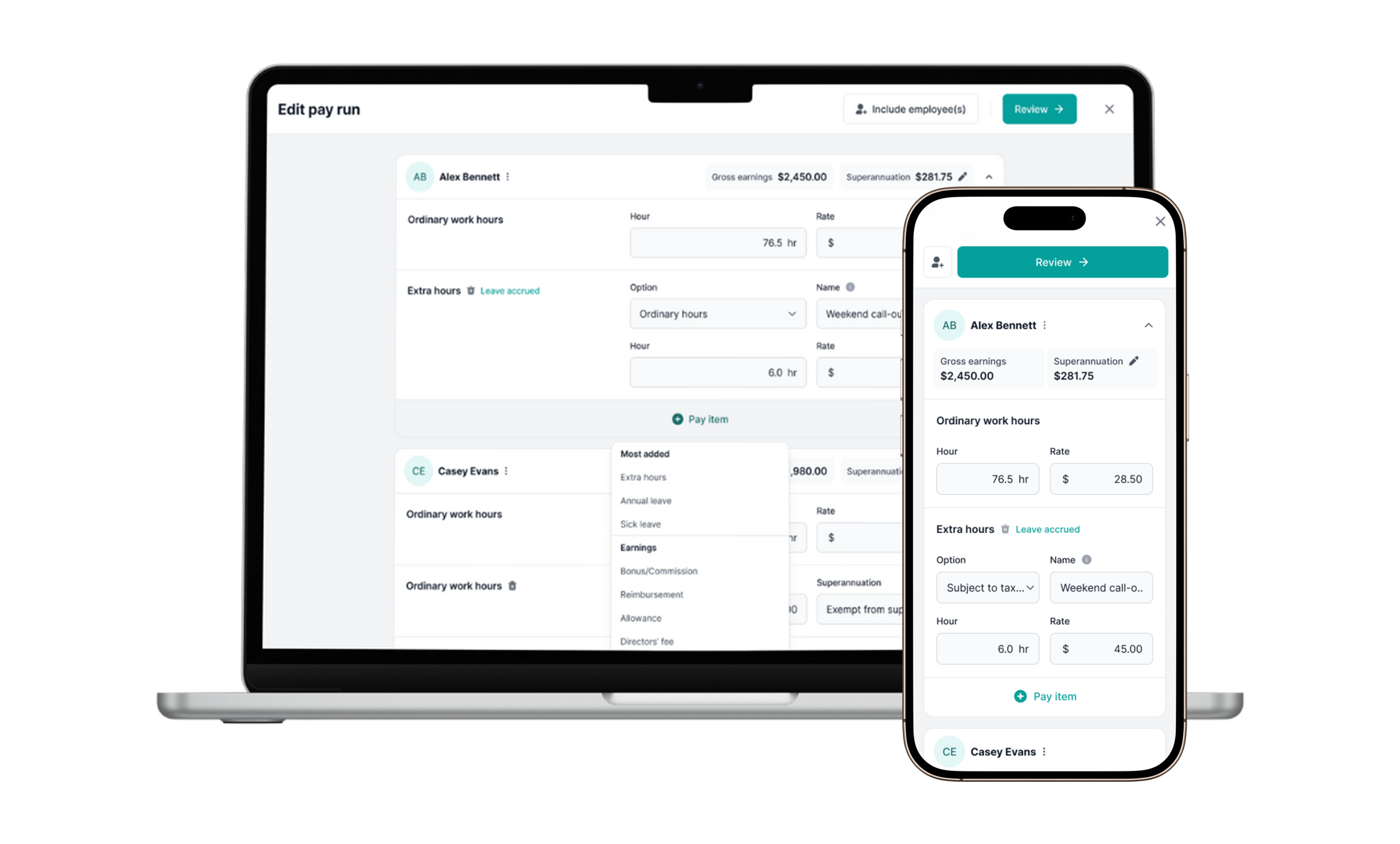 Pay run interface showing Gross earnings $2,450.00 Superannuation $281.75 on laptop, smartphone