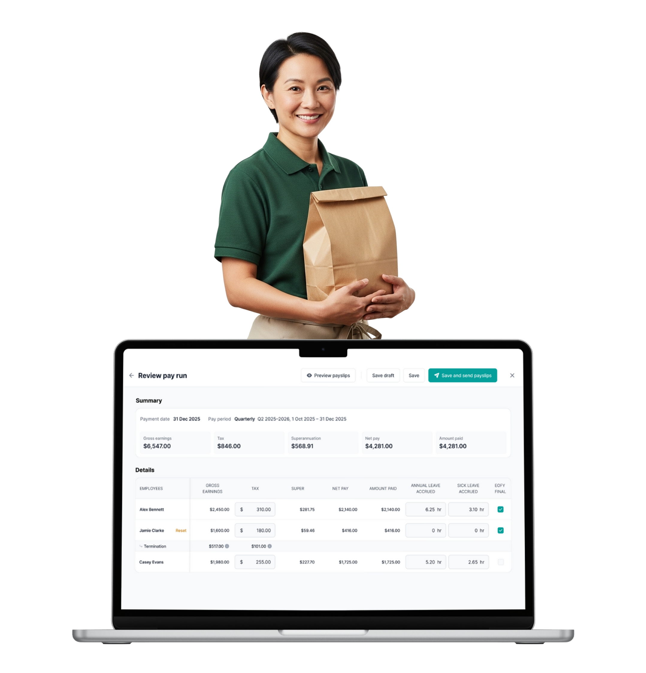 Woman holding paper bag behind laptop showing payroll dashboard labeled "Review pay run"