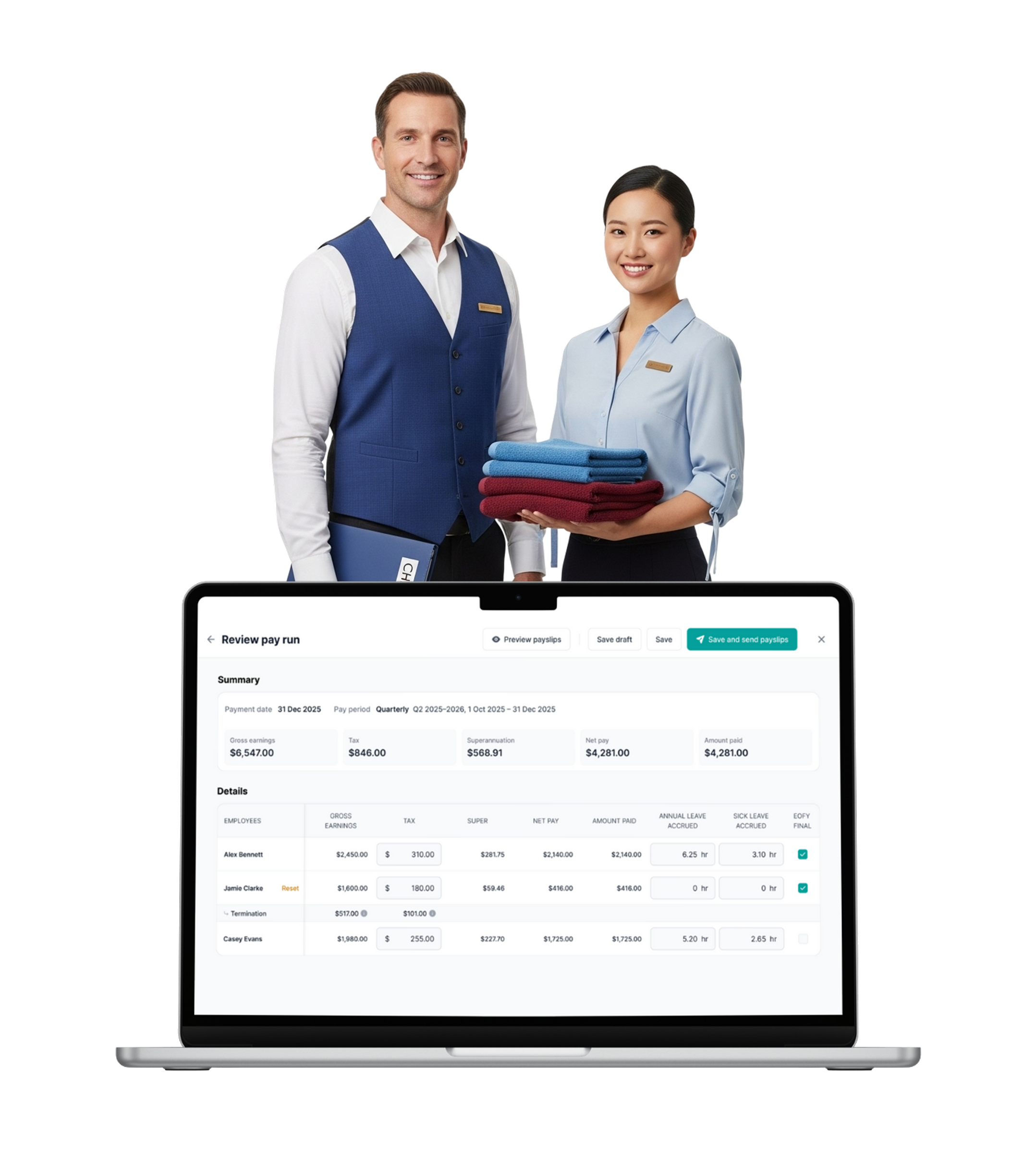 Hotel housekeeping staff holding folded towels beside laptop displaying payroll screen "Review pay run"