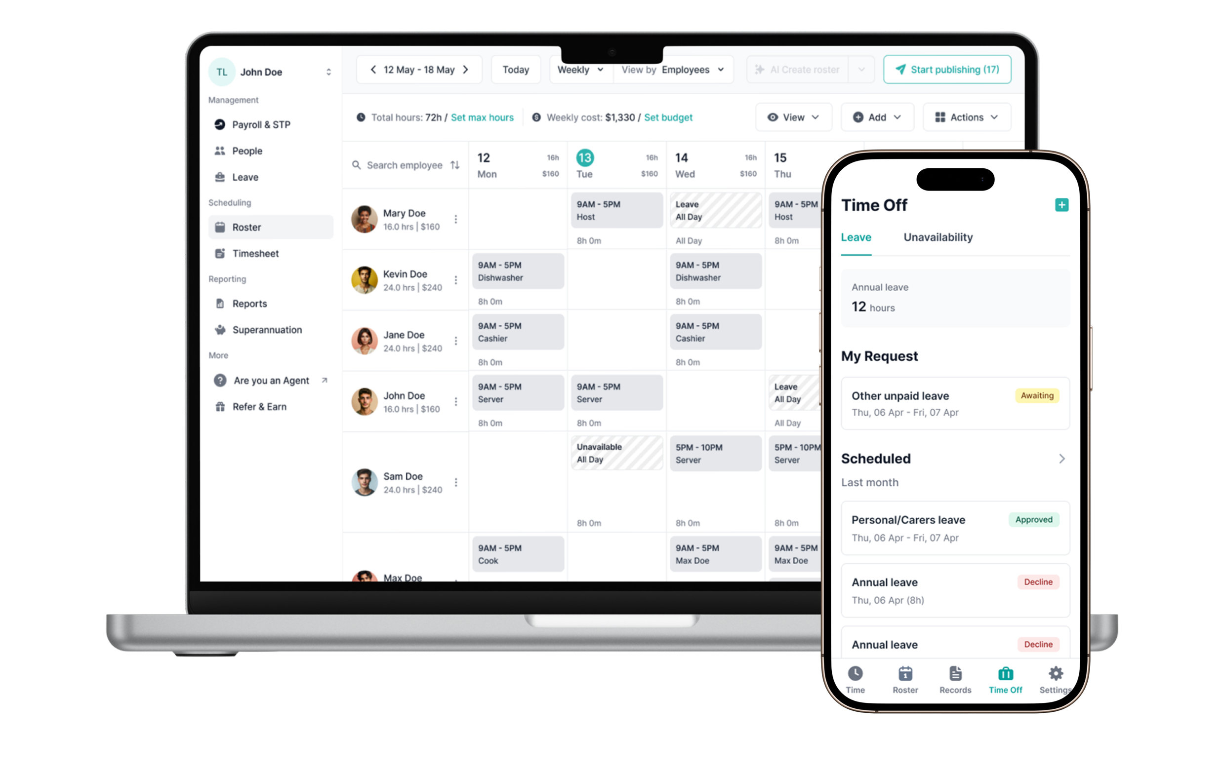 Laptop and phone displaying employee roster; smartphone shows Time Off leave requests in shift scheduling app dashboard