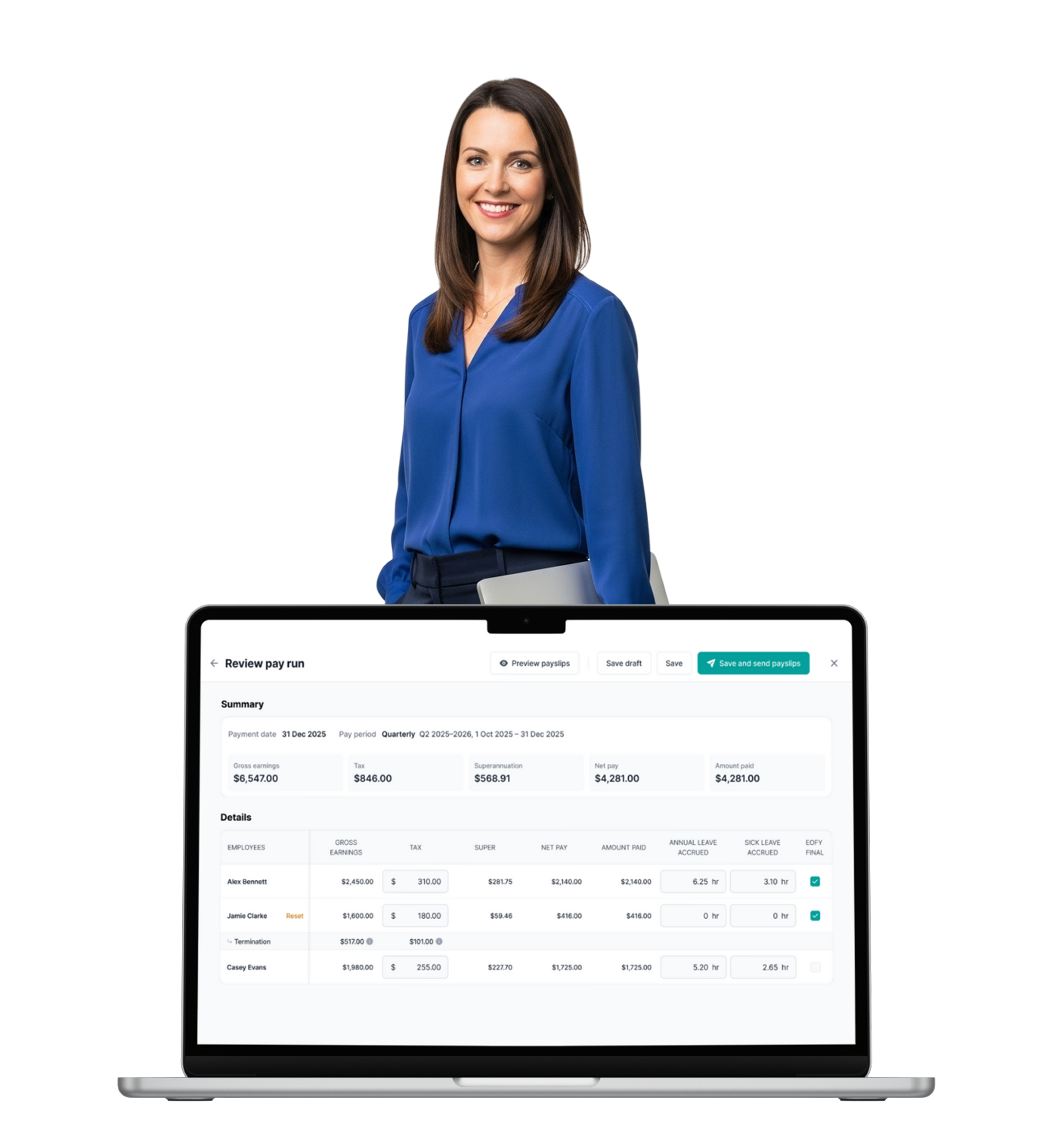 Woman holding laptop displaying payroll software dashboard with "Review pay run", "Summary", and "Save and send payslips"