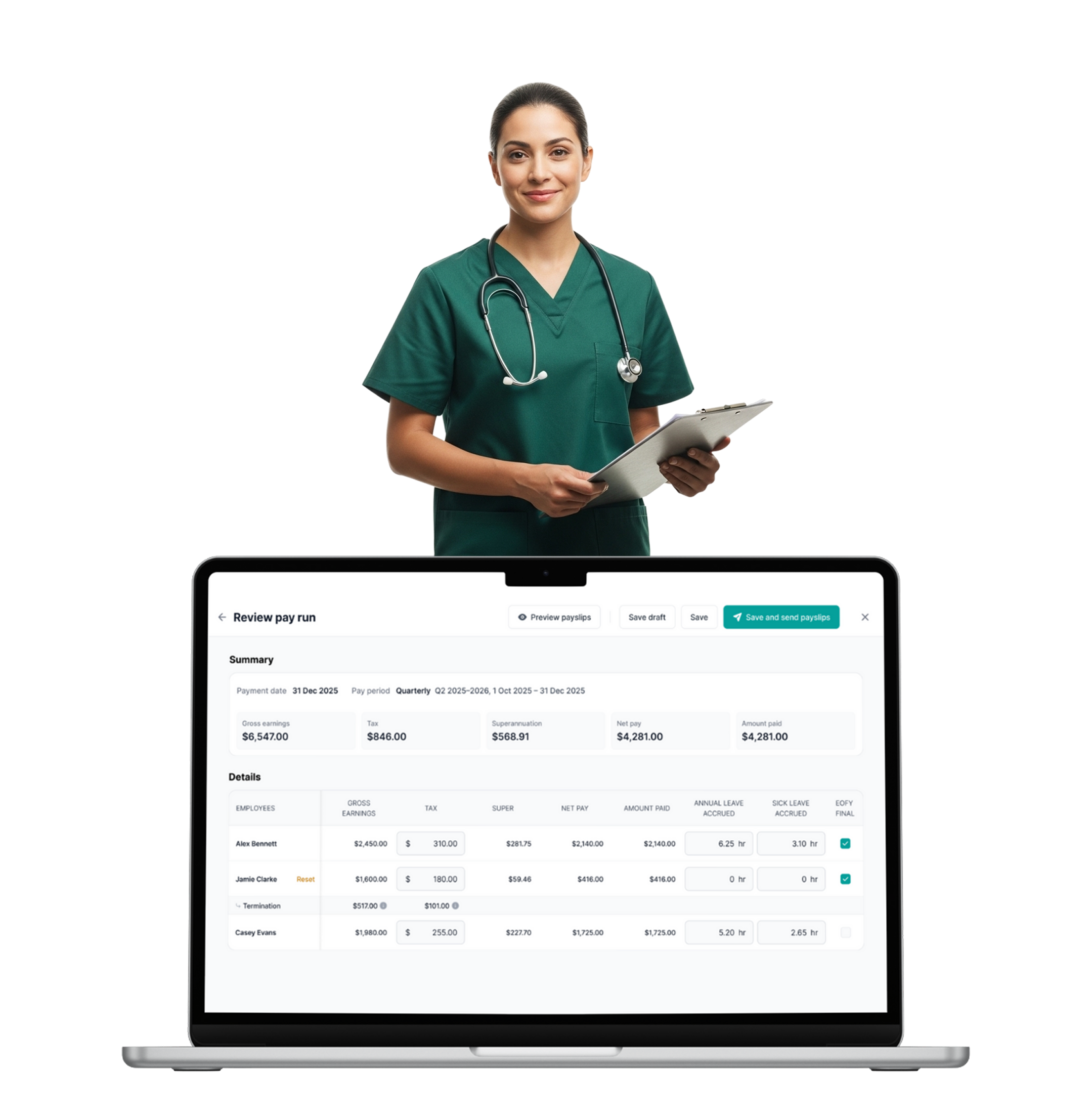 Nurse holding clipboard standing behind laptop displaying payroll dashboard 'Review pay run'