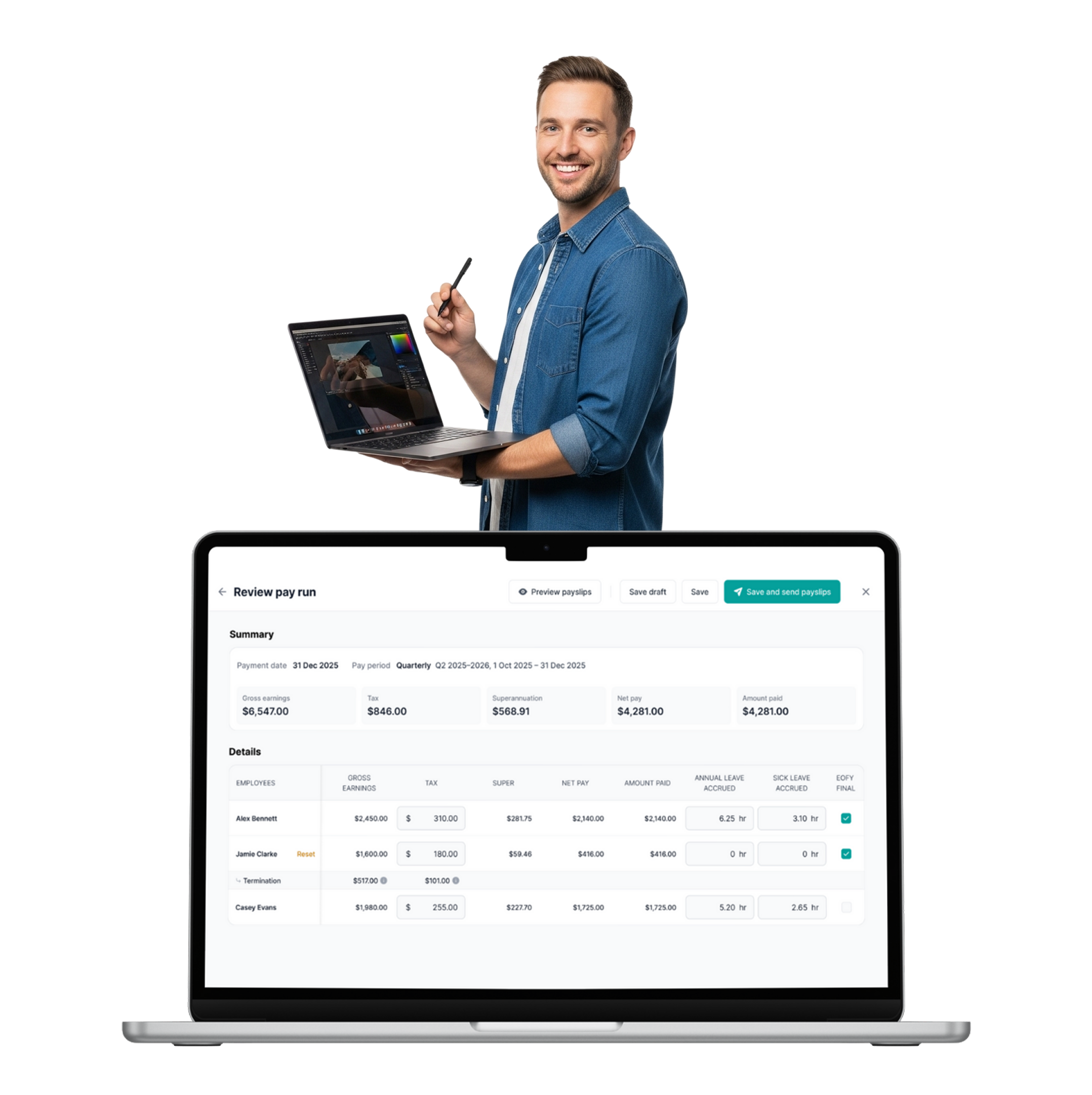 Man holding laptop with stylus reviewing payroll dashboard — Review pay run; Save and send payslips